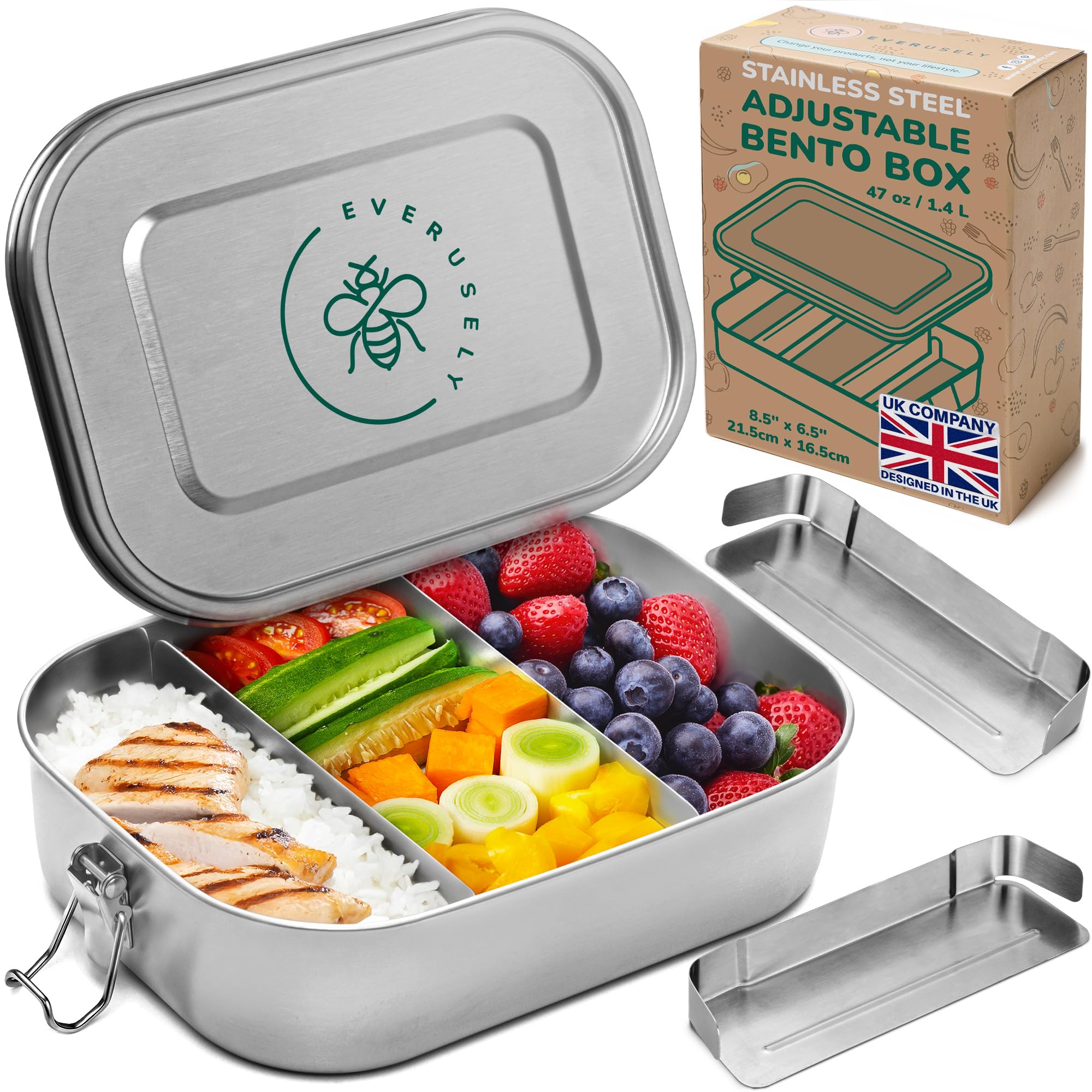 Everusely - Stainless Steel Lunch Box - 1400 ml, 2 Adjustable Dividers - Leakproof Snack & Salad Bento Containers - Food Storage Boxes with Lids for Work
