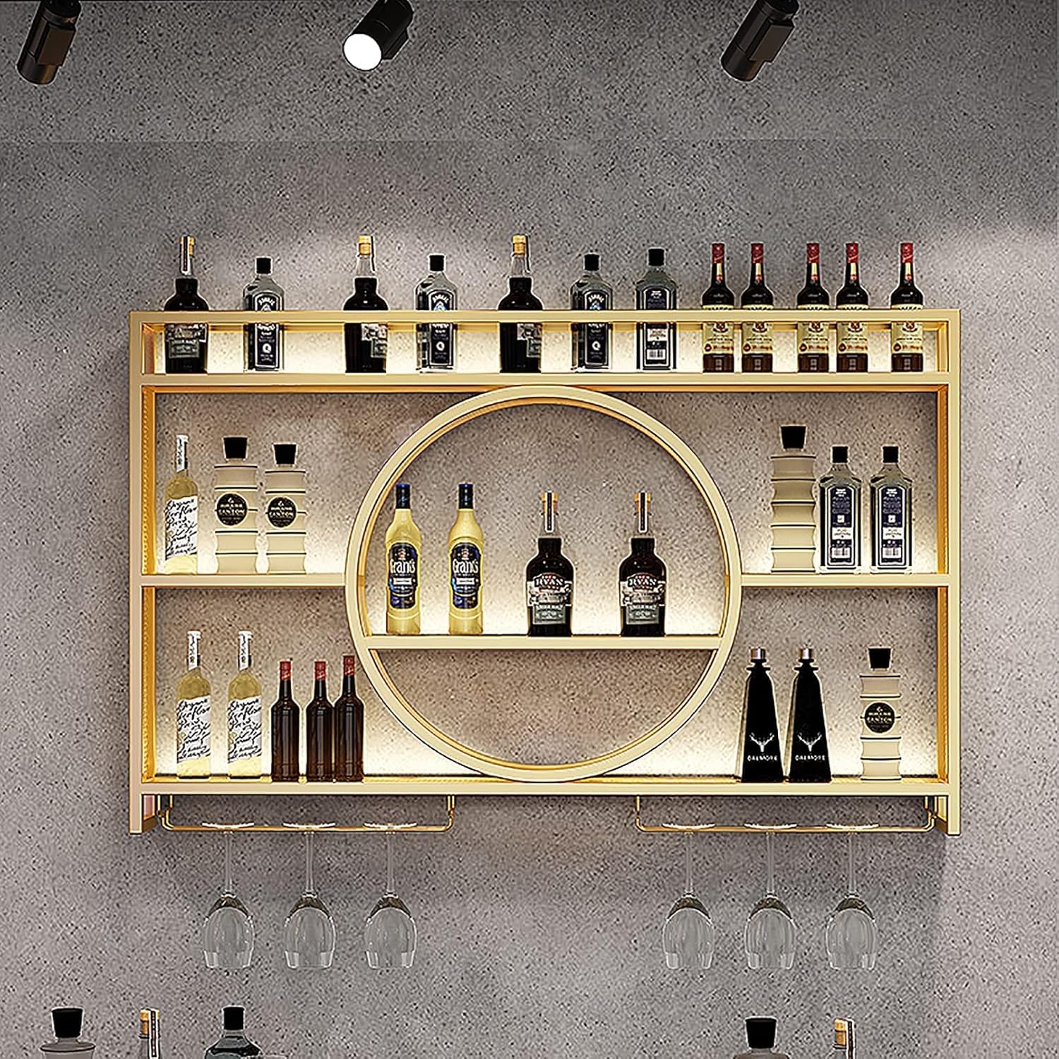 Rmeet Estante de Botellas de Pared Industrial, Estante de Hierro de 3 Plantas, estantes de exhibición de Vino para decoración del hogar, Bares, restaurantes y cocinas,Golden,140 * 15 * 80cm