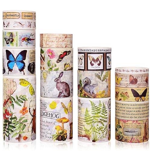 Juego de 18 rollos de cinta Washi vintage, 755030252015100.197in de ancho, floral, mariposa, hongos, letras, cinta decorativa retro antigua para