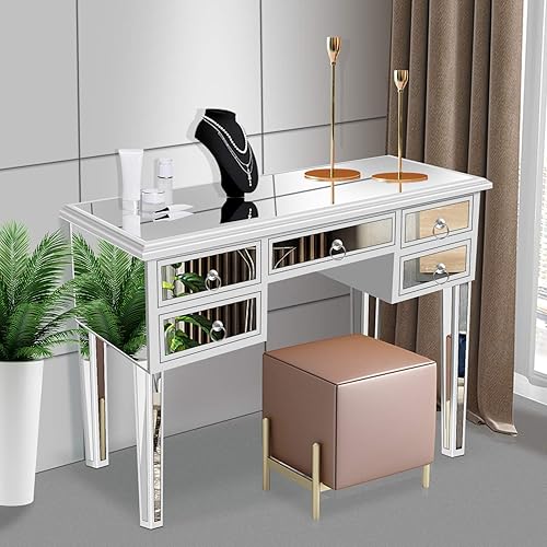 Henf Mesa de consola con espejo, mesa de tocador plateada con 5 cajones, mesa auxiliar de espejo para pasillo, sala de estar, tocador con espejo