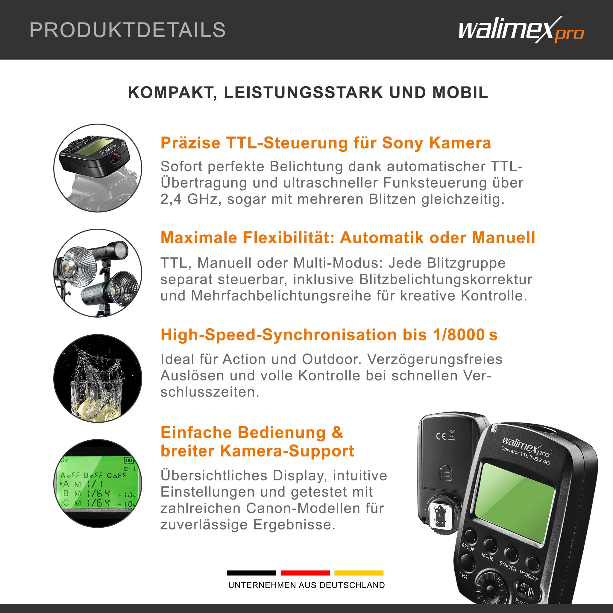 Walimex pro Operatore TTL T-S adatto per fotocamera Sony, telecomando radio e telecomando radio per nuovi arrivati, Emerger, Campaigner, Stager e Mover 200/400 TTL, trasmettitore