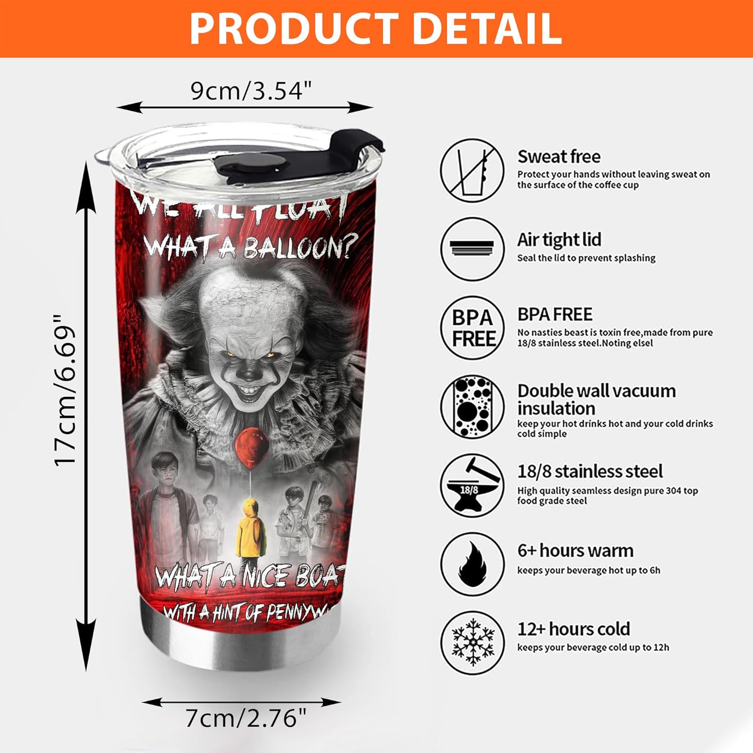 Horror Movie Inspired Tumbler 20 Oz, What A Nice Boat With A Hint Of Pennywise Tumbler, Gifts Idea for Horror Movie Fans, Stainless Steel Water Bottle for Hot & Cold Drinks Tea Cup Iced Coffee