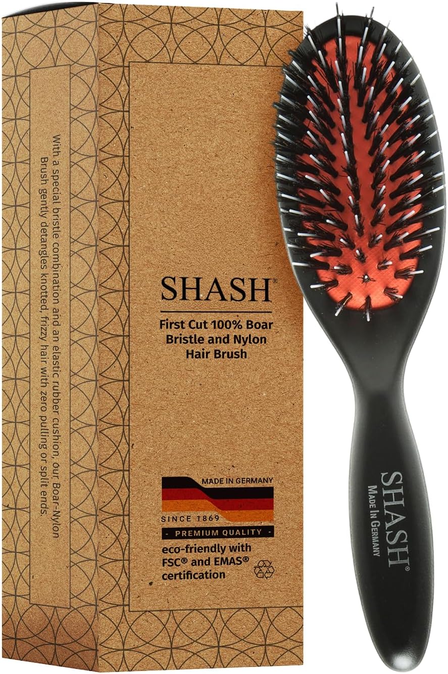 SHASH Since 1869 Made In Germany - Nylon Boar Bristle Brush For Normal To Thick Hair, Gently Detangles, No Pulling or Split Ends - Improves Hair Texture, Soothes and Stimulates Scalp (Small)