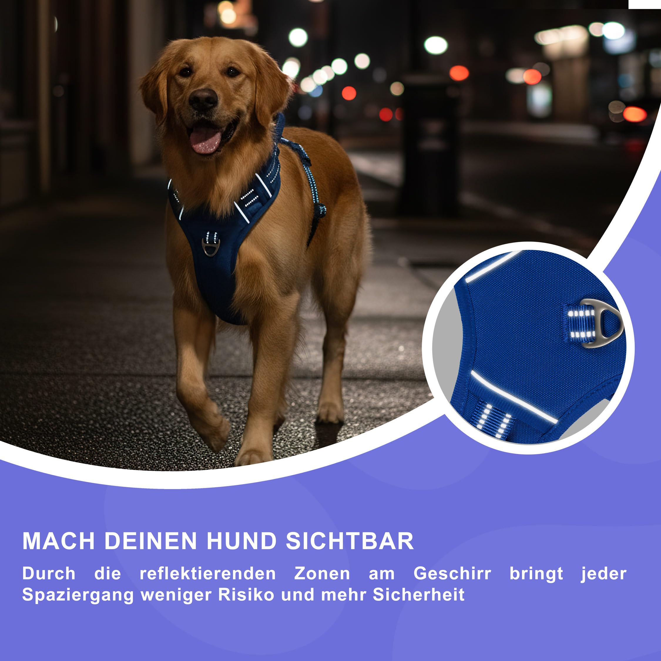 Reichstadt Pets Hundegeschirr Mittlere Hunde 25RSP083 Blue M | Verstellbares No-Pull Geschirr mit Griff & Reflektoren | Atmungsaktiv, Gepolstert & Strapazierfähig | Sicherheitsgeschirr