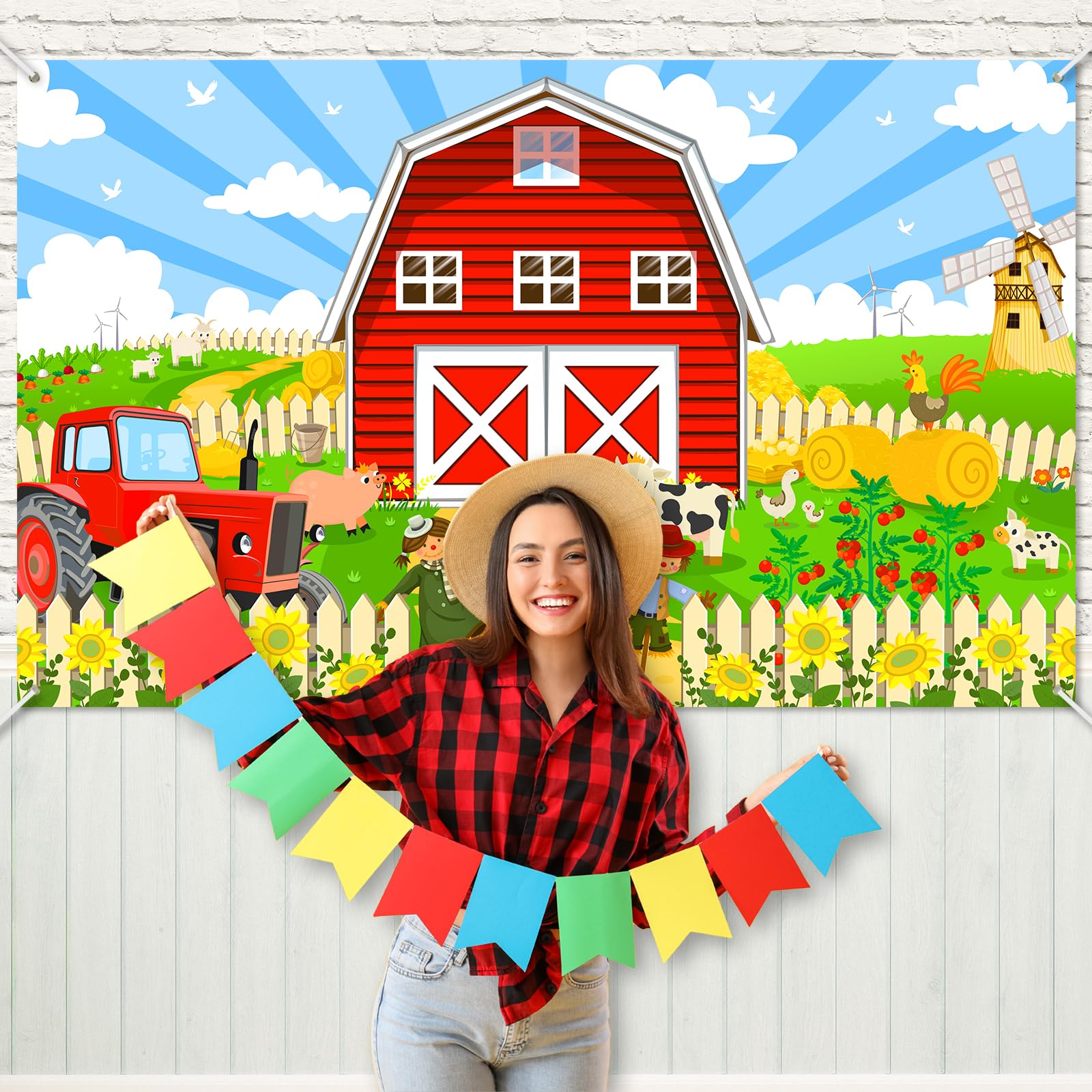 Avezano Bauernhof-Geburtstags-Hintergrund – Nahtloser Stoff-Banner 180x110 Cm Für Kinderparty-Deko