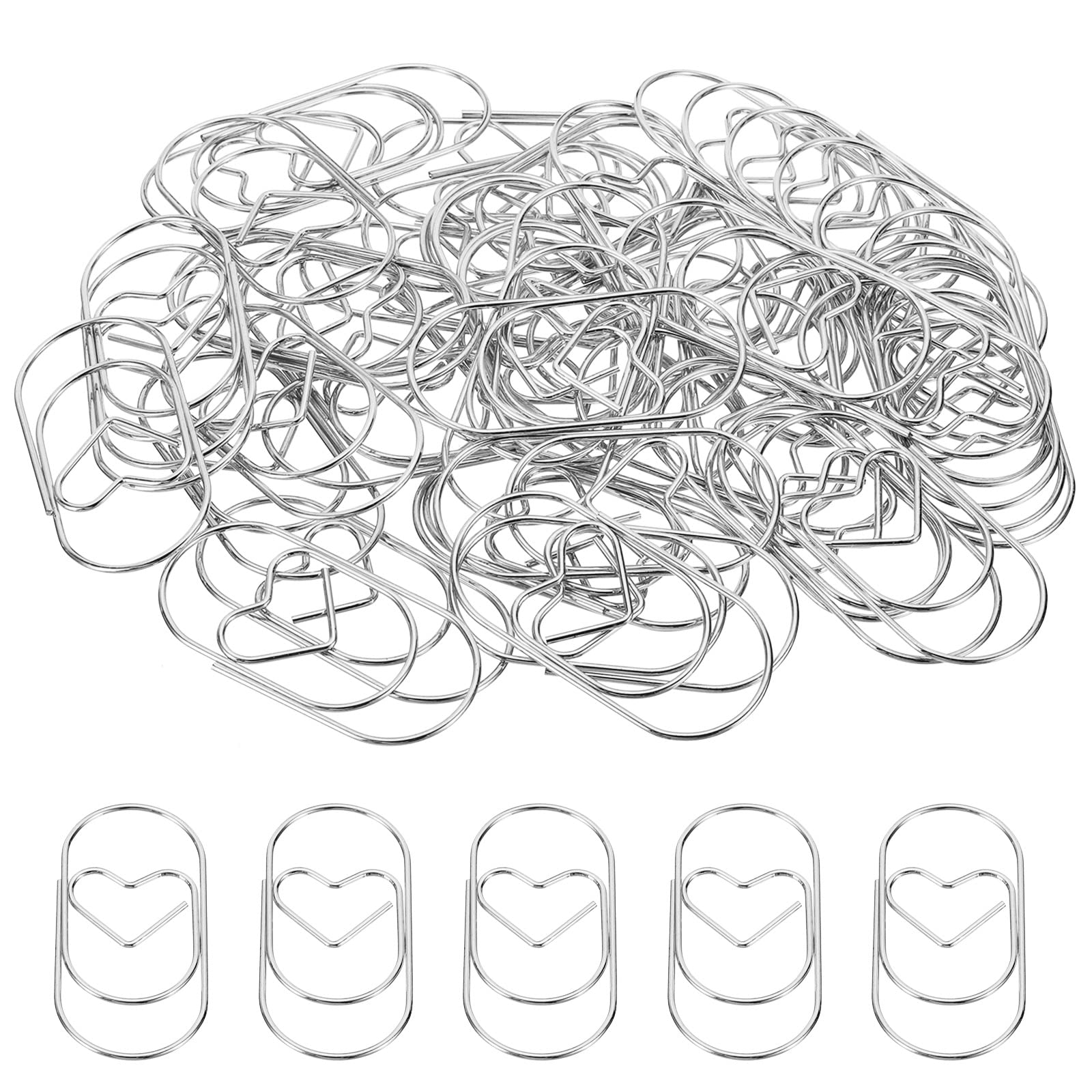 MECCANIXITY Paper Clip Heart-Shaped Cute Decorative Fun Clips Bookmarks 2 Inch Silver Tone for Organize Office Home, Pack of 50