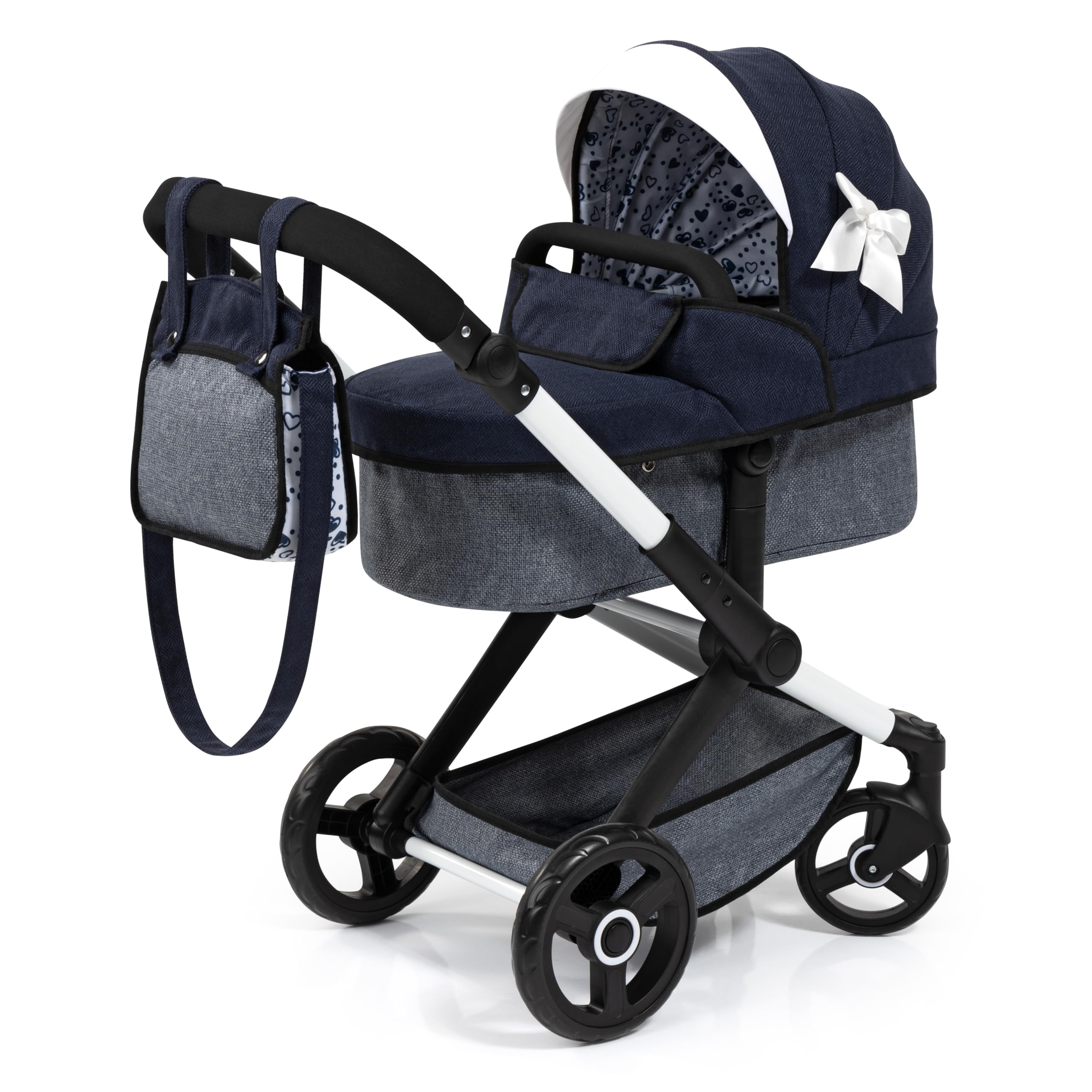 Bayer Baby Dolls Pram XEO - Convertible Doll Pushchair, Carrycot & Changing Bag - Stroller with Adjustable Handle Height for Girls, Tall Dolls Pram for 6+, 3-5 Year Olds - Navy Blue, Ribbon โ image 1