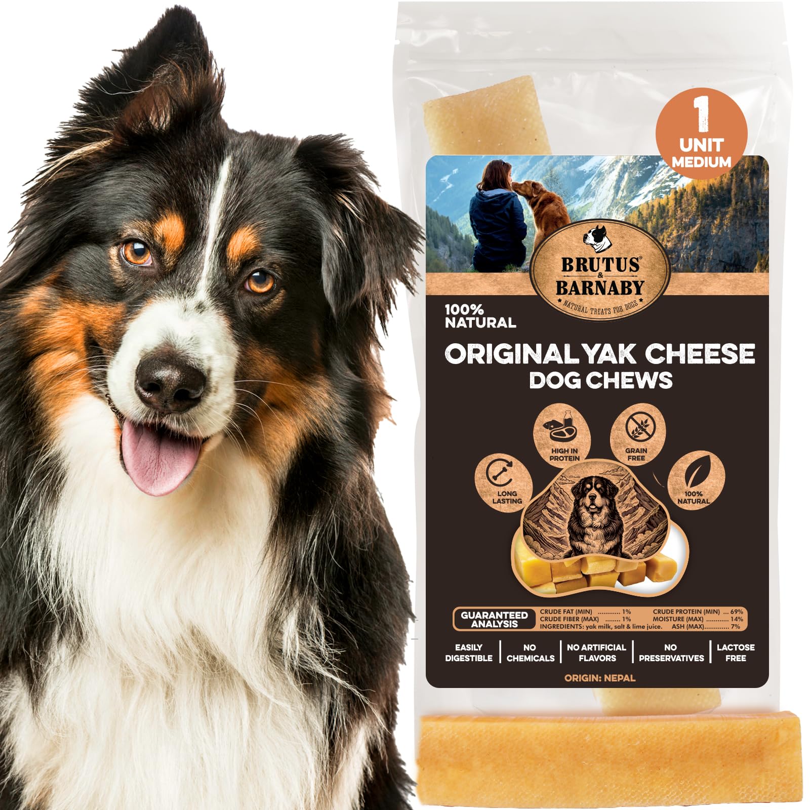 BRUTUS & BARNABY Yak Cheese Himalayan Dog Chews for Aggressive Chewers – Rich in Nutrients, Long Lasting Yak Chews for Small to Large Dogs.(1-pk)