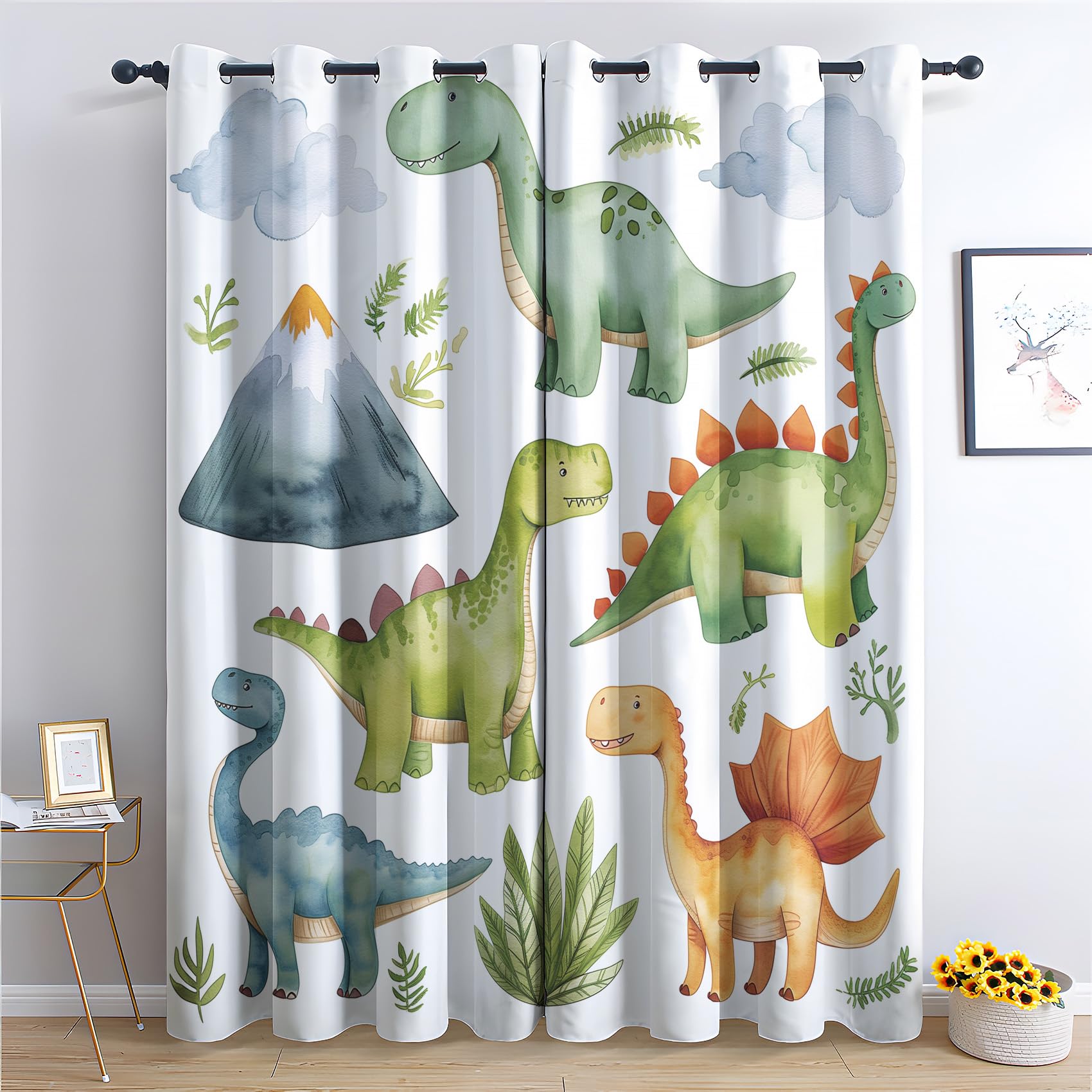 Bunte Dino Vorhang, Dinosaurier Gardinen,2er Set Verdunkelungsvorhang, Cartoon Vorhänge, Wohnzimmer Kinderzimmer Schlafzimmer Thermovorhang Schallschutz Blickdichte vorhänge, 150x166 cm i9&a156