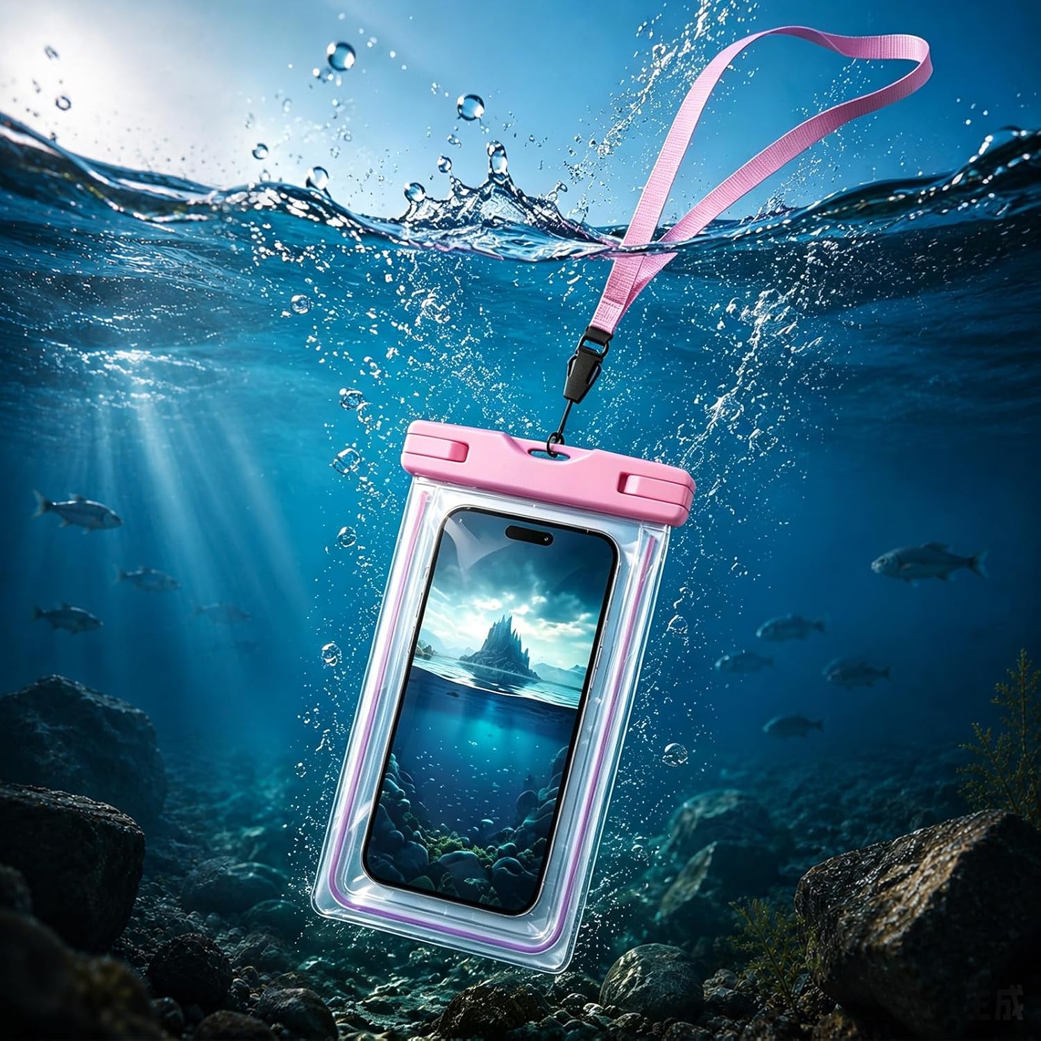 Waterproof Phone Pouch with Lanyard Glow Design Universal Dry Bag Fits Phones up to 6.7 Inch for Beach Swimming Travel, Pink
