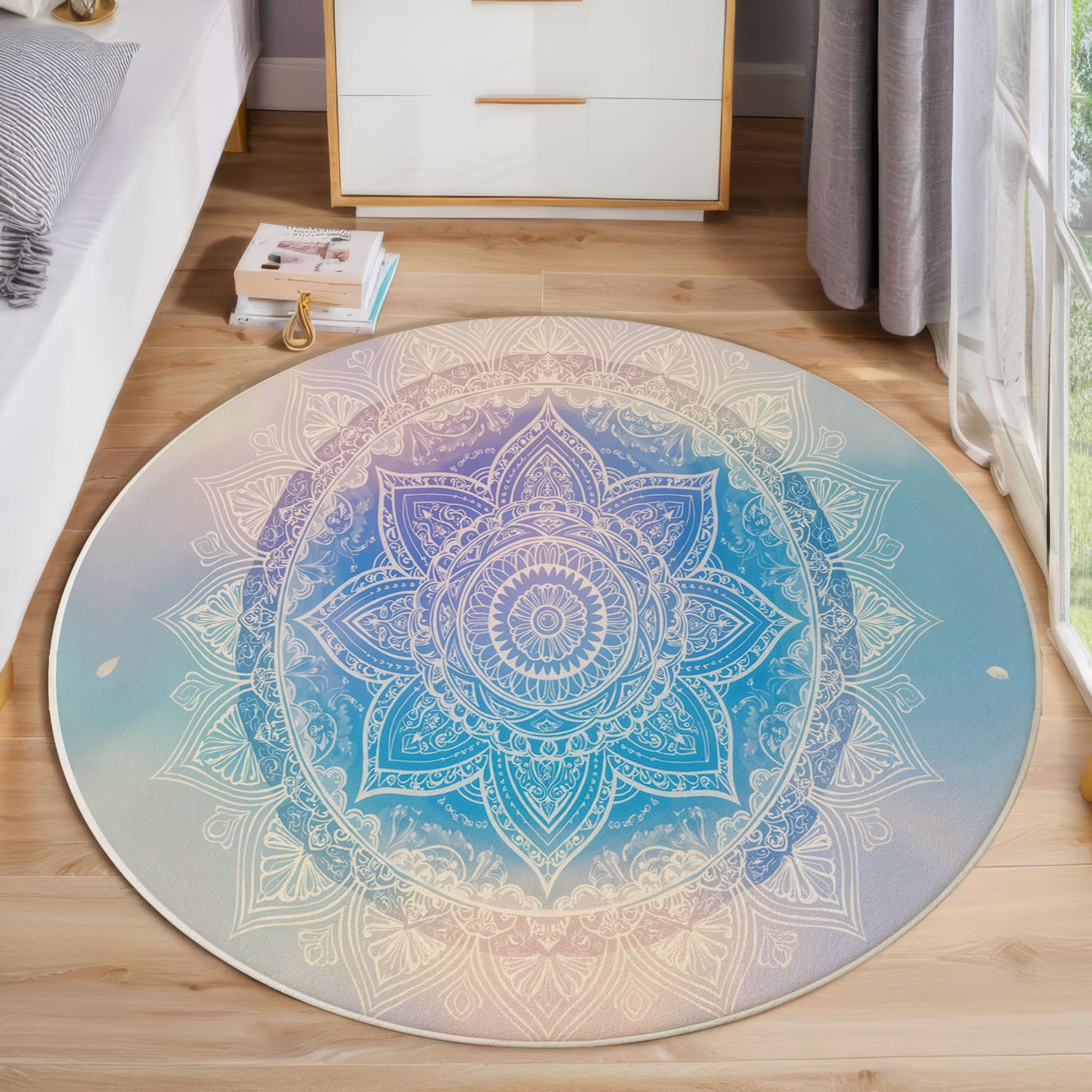 Tapis Rond Mandala Dégradé Aquarelle pour Salon, 160cm Circulaire Tapis Style Artistique Onirique Douce Lavable Et Antidérapante pour Chambre Intérieure, Bleu Clair