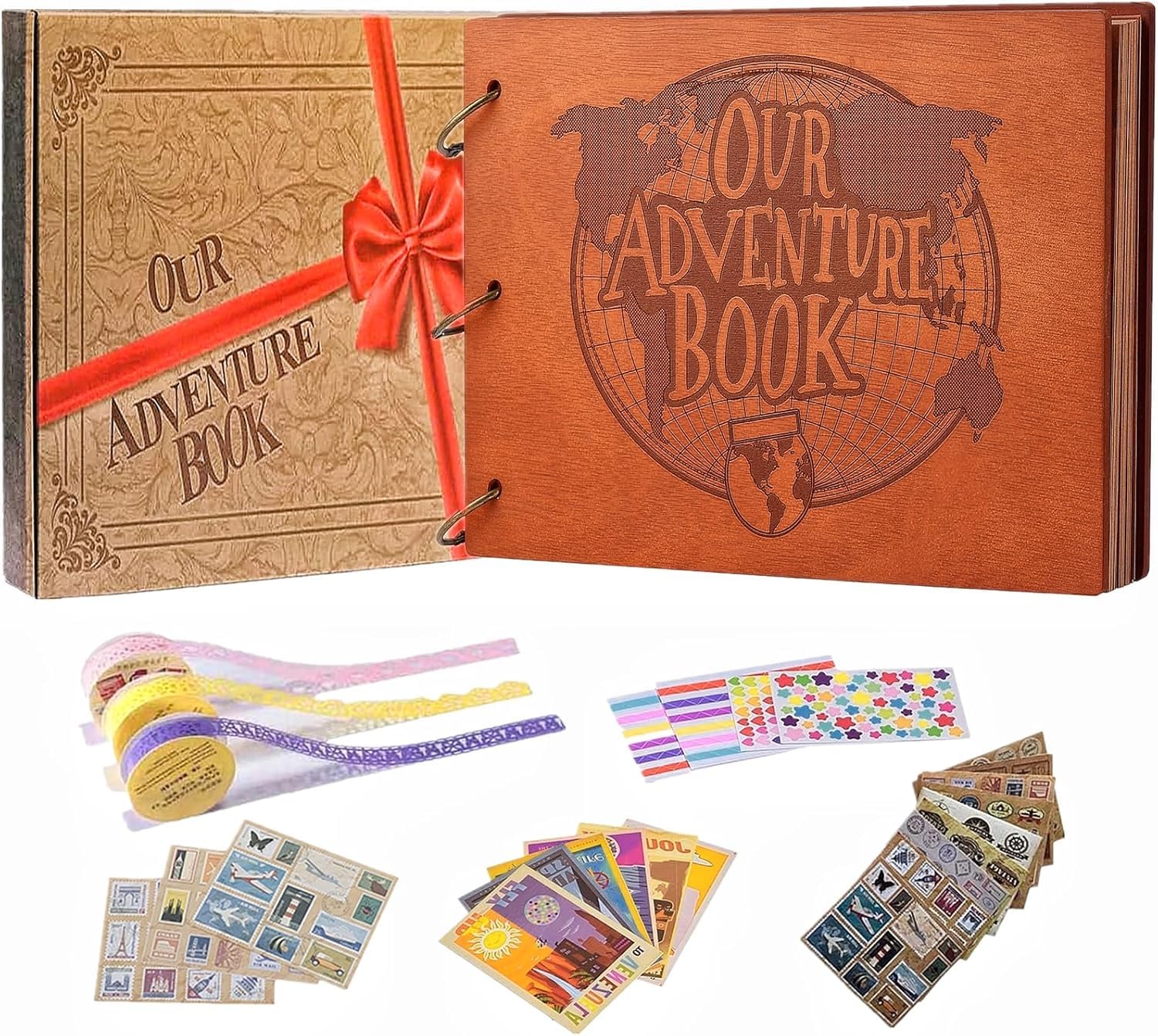 Abenteuerbuch, 3D-Holzeinband, Sammelalbum, Fotoalbum, 30 x 19 cm, zeitloses Erinnerungs-Tagebuch für unvergessliche Abenteuer und wertvolle Momente, ideal für Jubiläen, Reisen und Paare