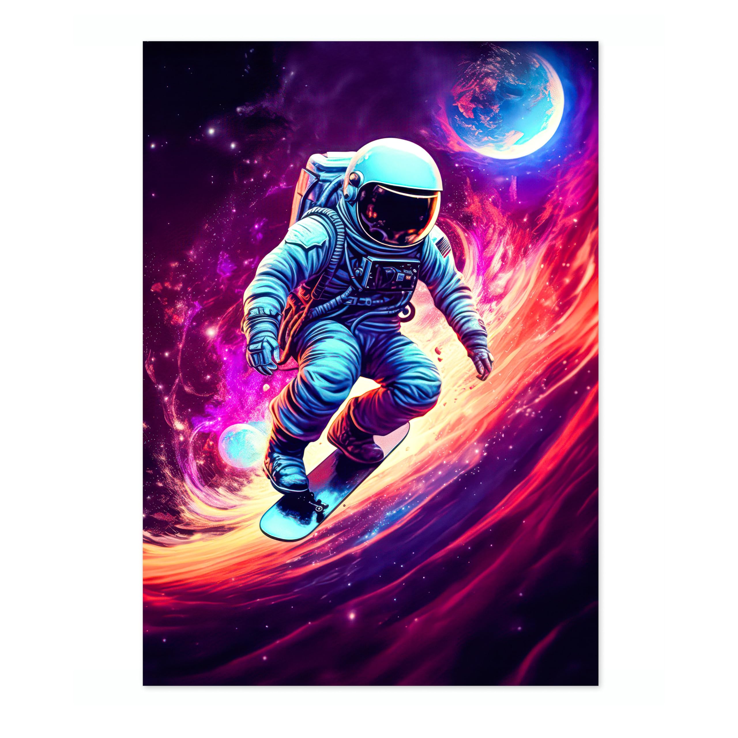 Space Surfing Space Poster, Colourful Abstract Astronomy Wall Art Home Decor, Astronaut Planets Print, Archival Matte, 50x70cm (Print Only) - 50x70cm