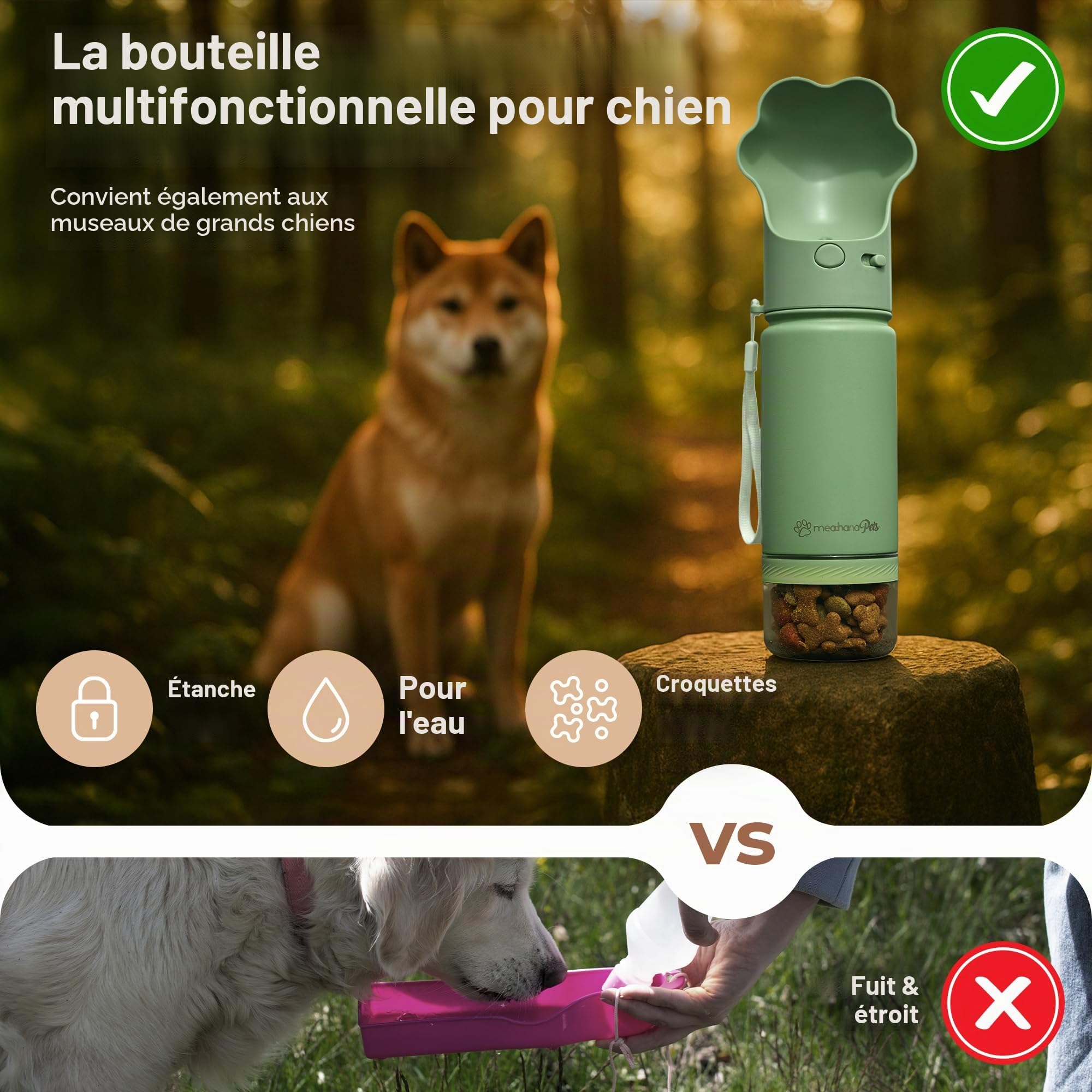 Pets Gourde isotherme en acier inoxydable pour les déplacements avec couvercle à boire et rangement Idéal pour les voyages, l'extérieur Avec couvercle supplémentaire avec mousqueton