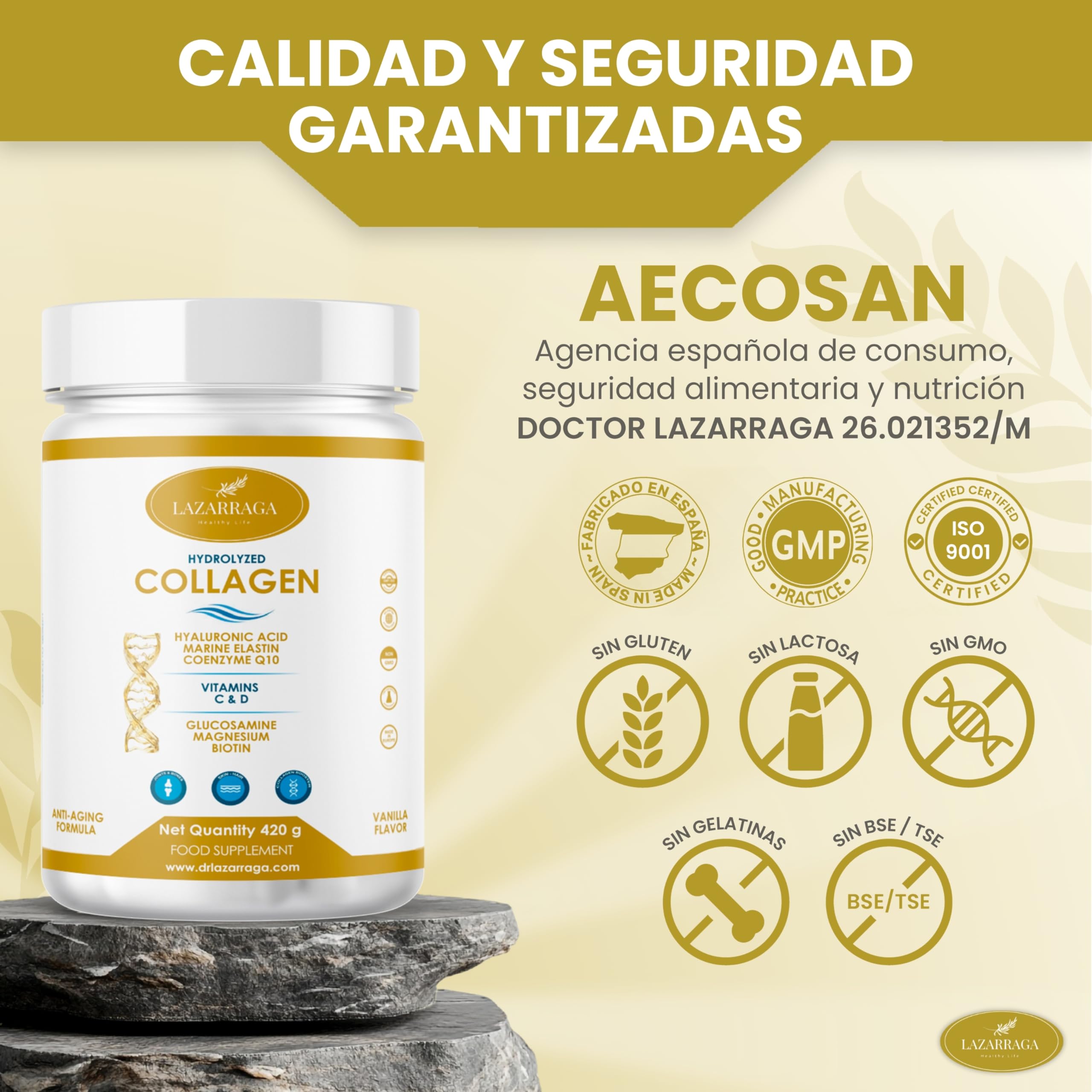 Collagene idrolizzato + peptidi di elastina marine + acido ialuronico + coenzima Q10 + glucosamina + biotina + vitamina C e D e magnesio, per articolazioni forti e cartilagine, pelle liscia ed energia