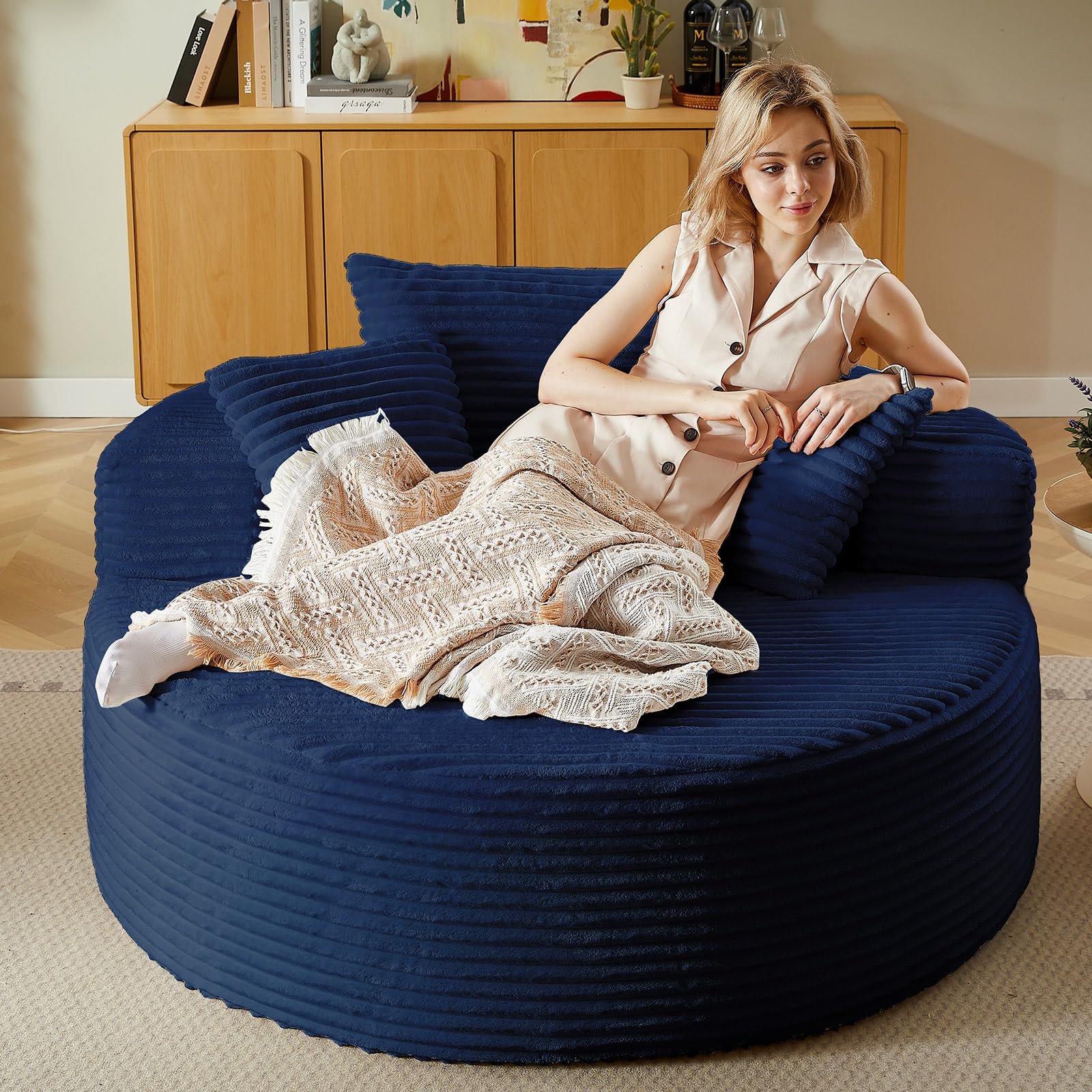 55''L Oversized Round Chaise Longue Chair Indoor, Corduroy Sponge Single Sofa, Oversized Round Chairs, Modern Sleeper Chair for Living Room,Projection Room, Wide Armrest Chairs Blue
