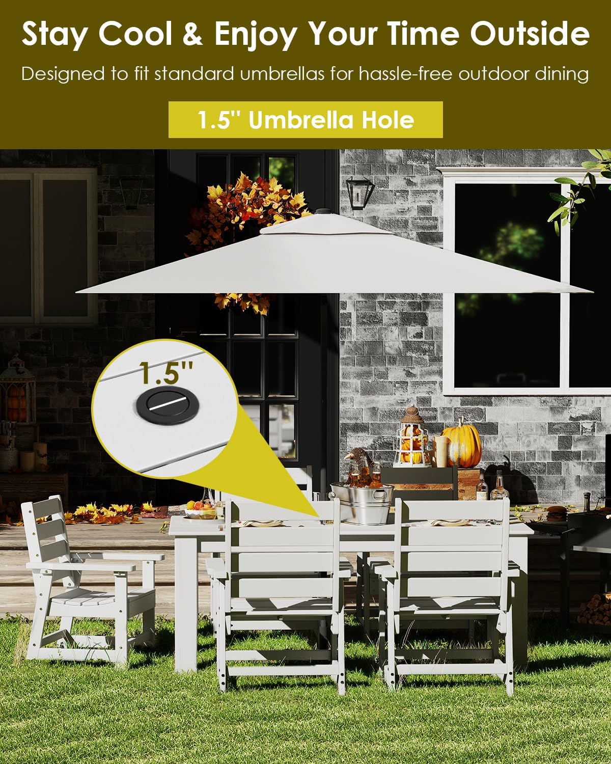 GREENVINES Outdoor Dining Table | 67’’ | HDPE | Rectangle Tables for 6 | All-Weather | Umbrella Hole | Patio Furniture | for Poolside Backyard Garden | White