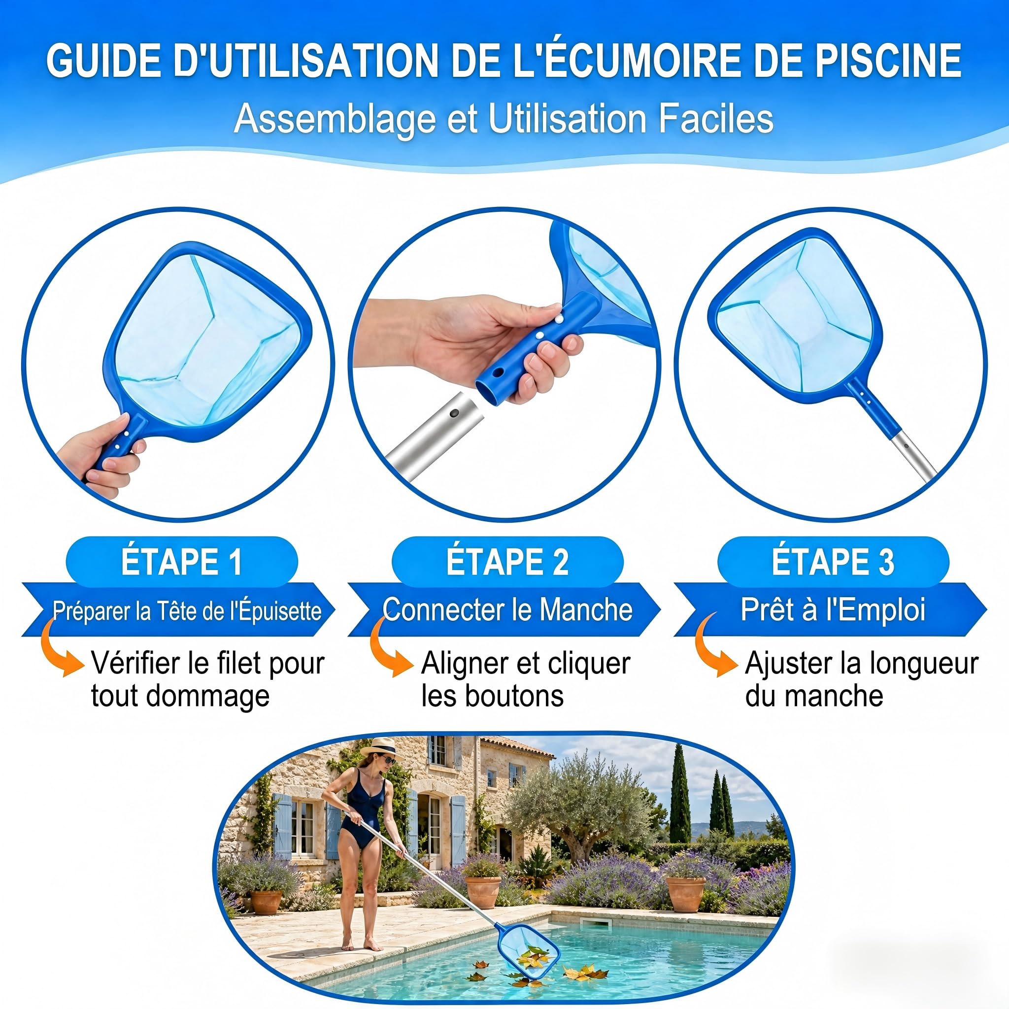 Épuisette de Piscine, 140 cm Epuisette Piscine Surface, Skimmer pour Bassin, Filet Piscine avec Télescopique en Aluminium Perche, Kit Nettoyage Professional pour Piscine, Fontaine, Étang, Spa
