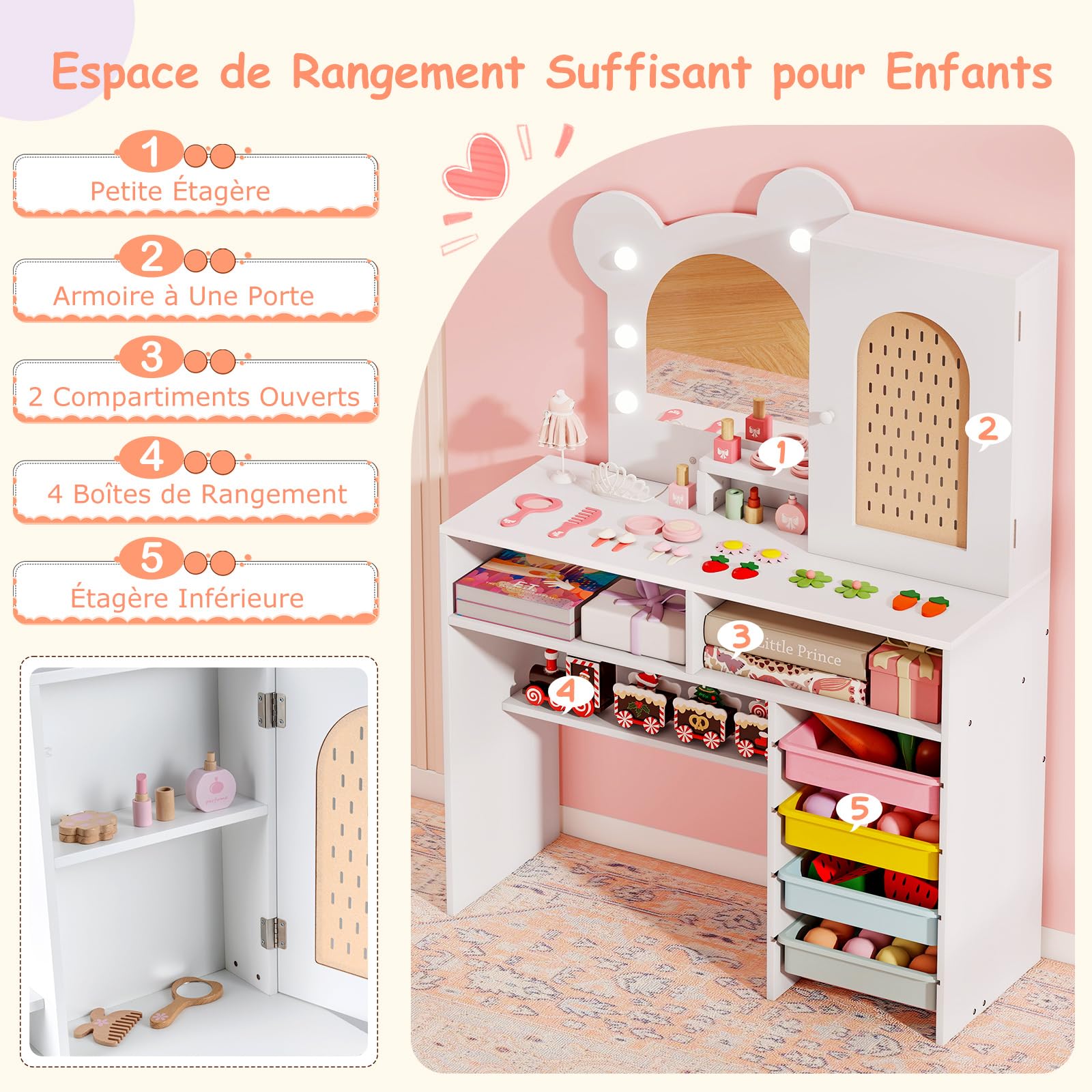 COSTWAY Coiffeuse Enfant Fille avec Chaise et Miroir Lumineux, Bureau Enfant avec 5 Tiroirs, 2 Compartiments, Armoire, Étagère Ouverte, pour Chambre d'enfant, Salle de Jeux, 3+ Ans (Blanc)