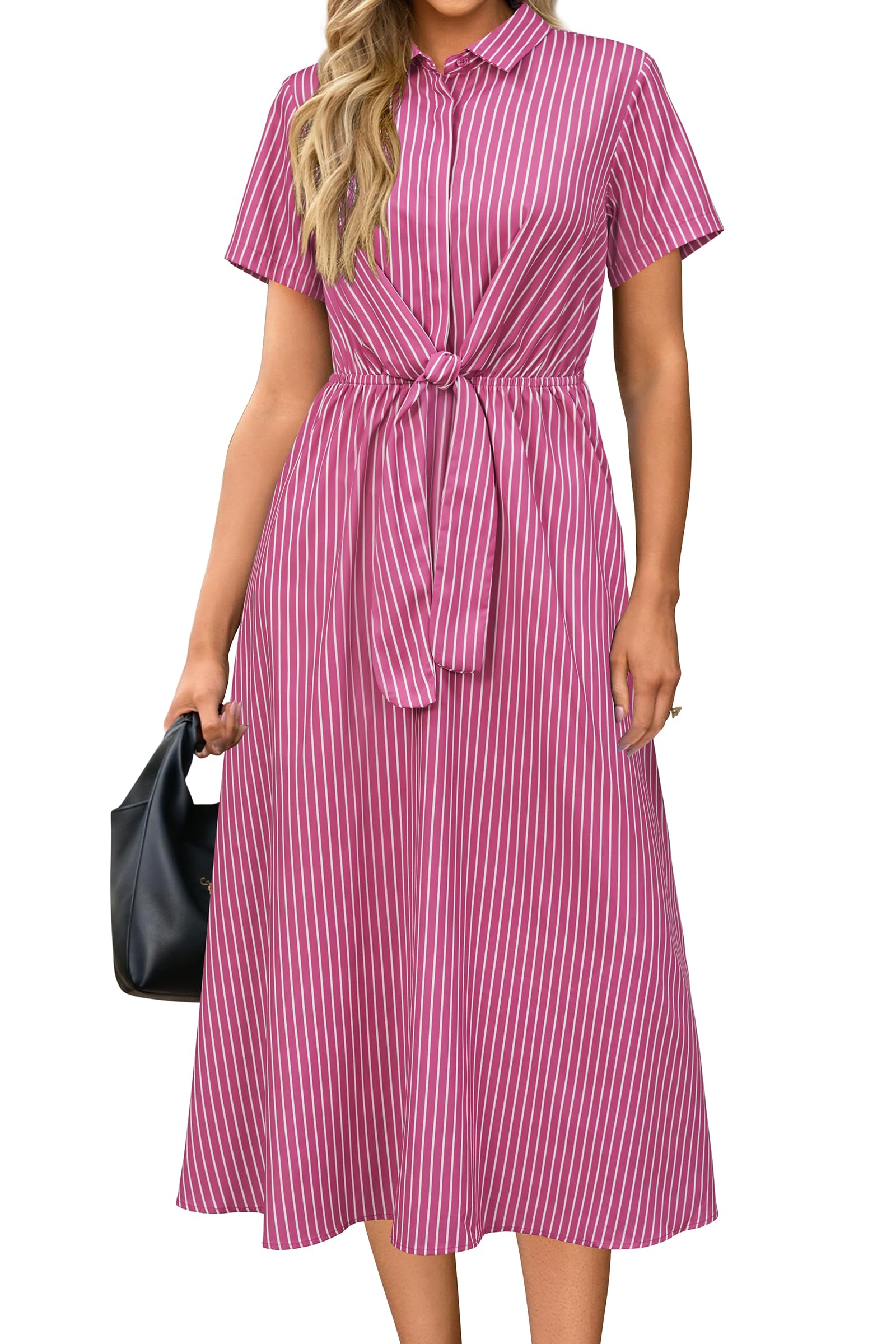 Newshows Women's Work Business Casual Outfits Tie Waist Midi Shirt Dress