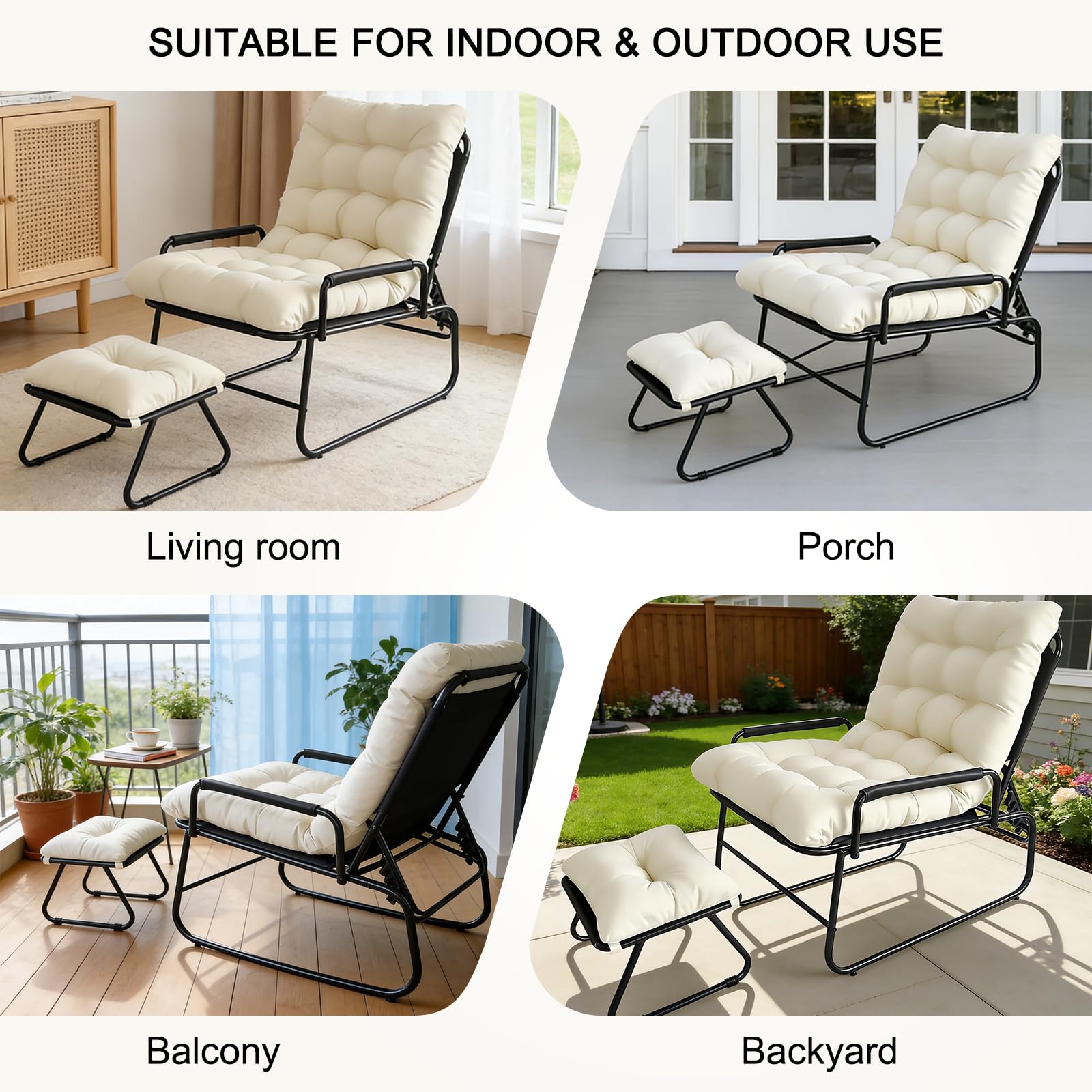 Sdraio da Balcone, Schienale Regolabile in 4 Posizioni, Poltrona Reclinabile con Poggiapiedi, Sdraio da Giardino con Cuscino Sfoderabile, Ideale per Balcone, Giardino e Soggiorno (Beige)