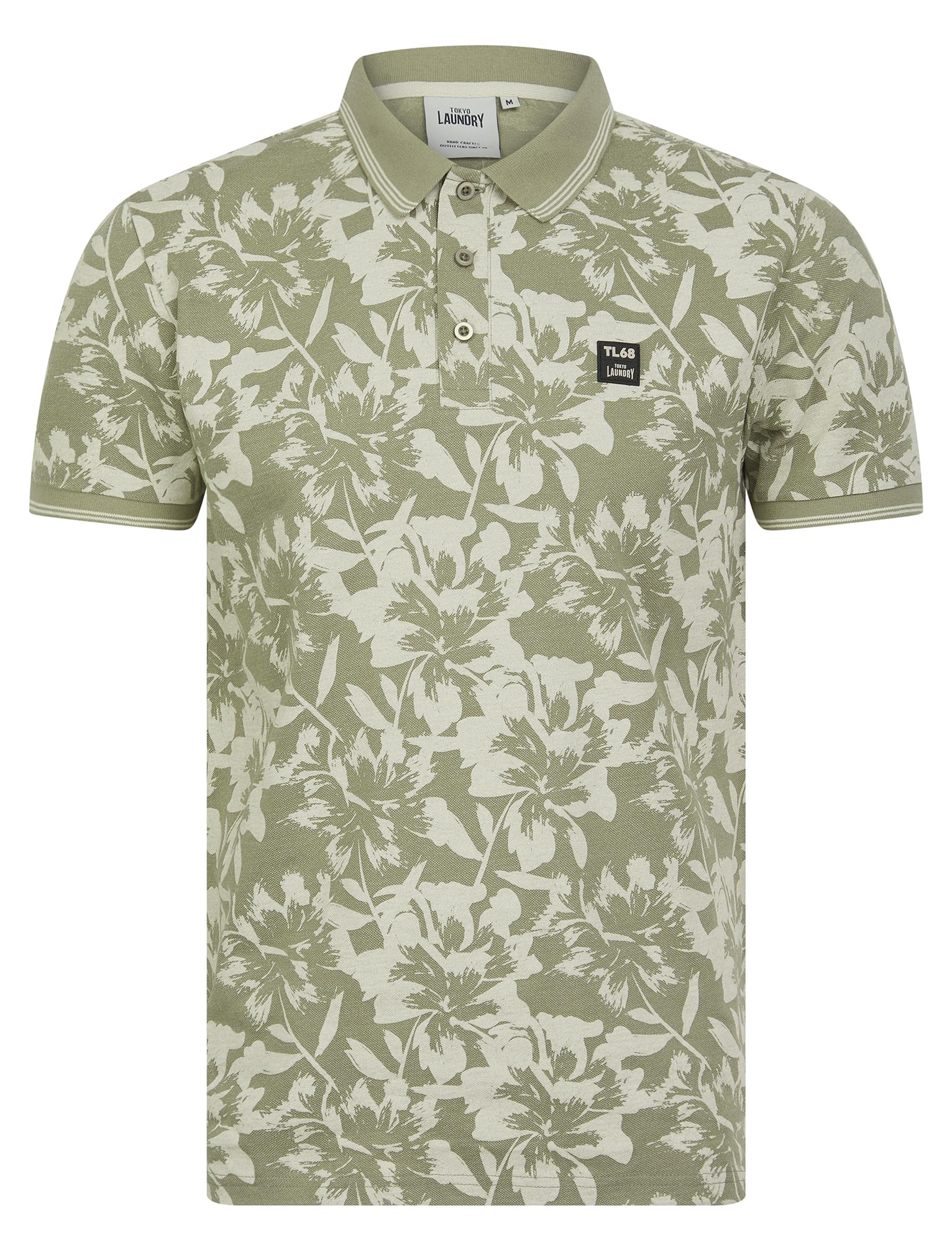 Tokyo Laundry Men's Laurel Oak Grey 'Alldis' Cotton Blend Pique Tropical Hawaiian Print Polo Shirt
