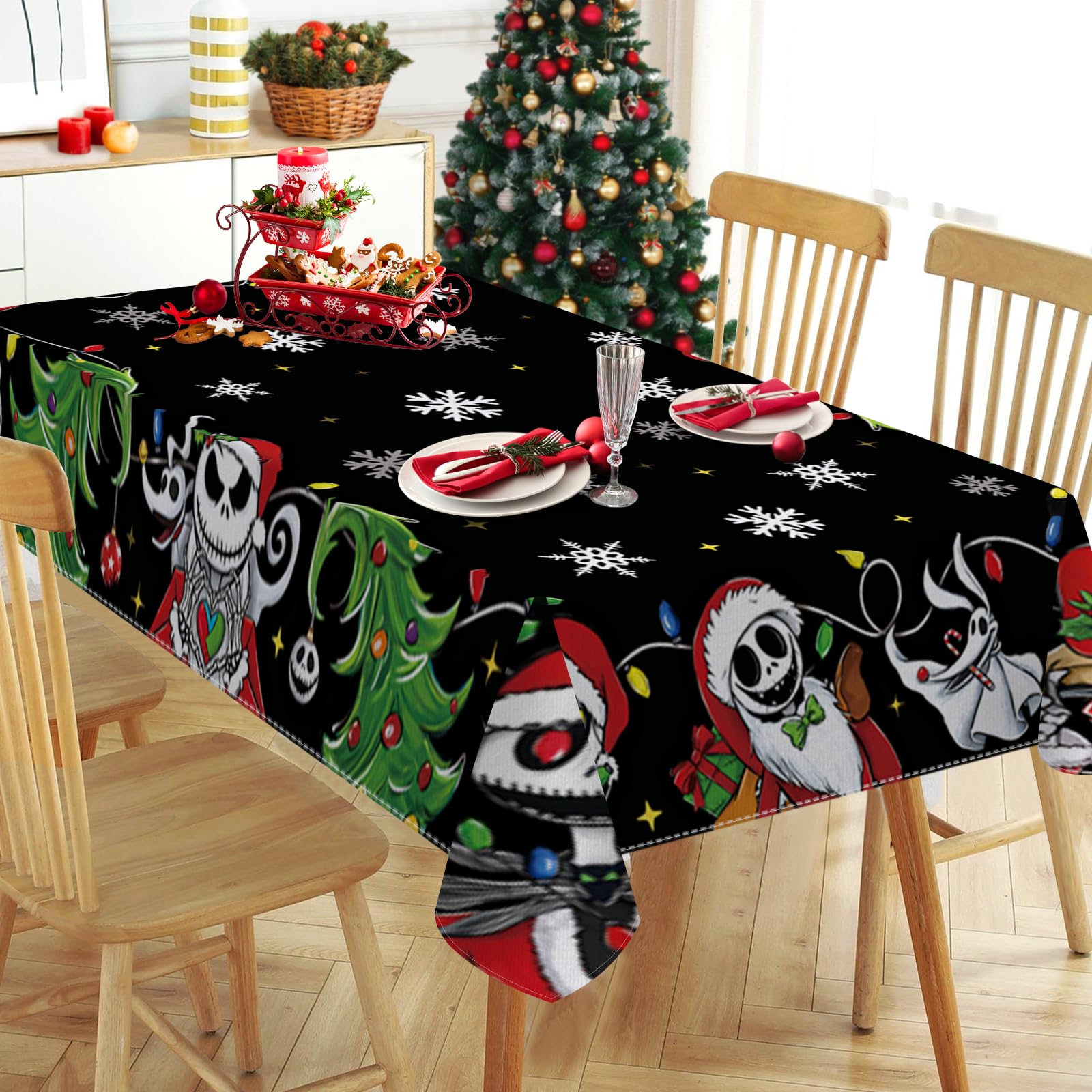 Tailus Christmas Jack Skellington Rectangle Tablecloth 52 x 70 Inch, Black Xmas Tree Decorative Table Cloth Dining Table Cover, Funny Holiday Snowflake Dinner Party Picnic Decoration