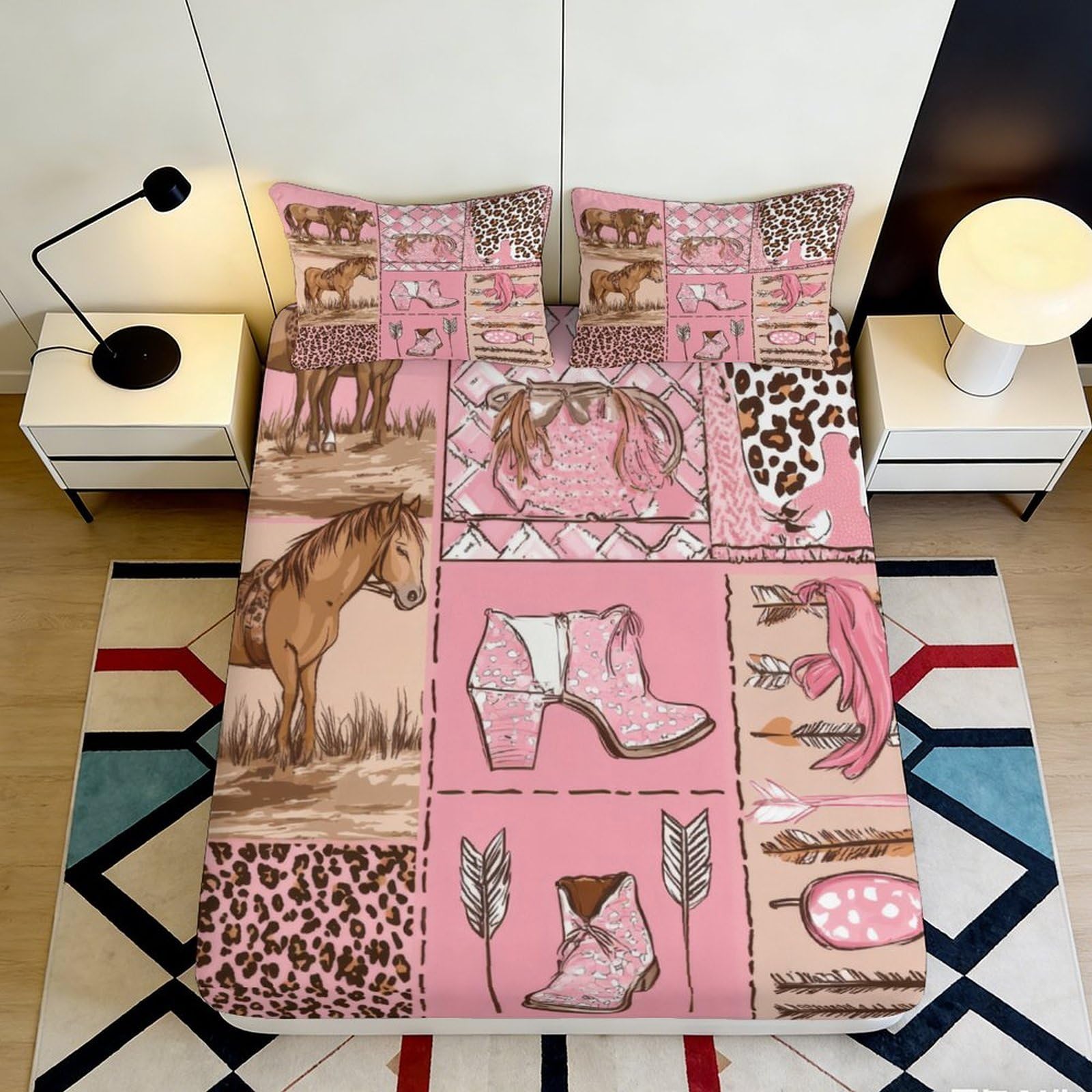 3D Printed Western Horse Fitted Sheet Microfiber Pink Cowboy Boots Mattress Cover for Bedroom Dorm Decor 90x200x25cm