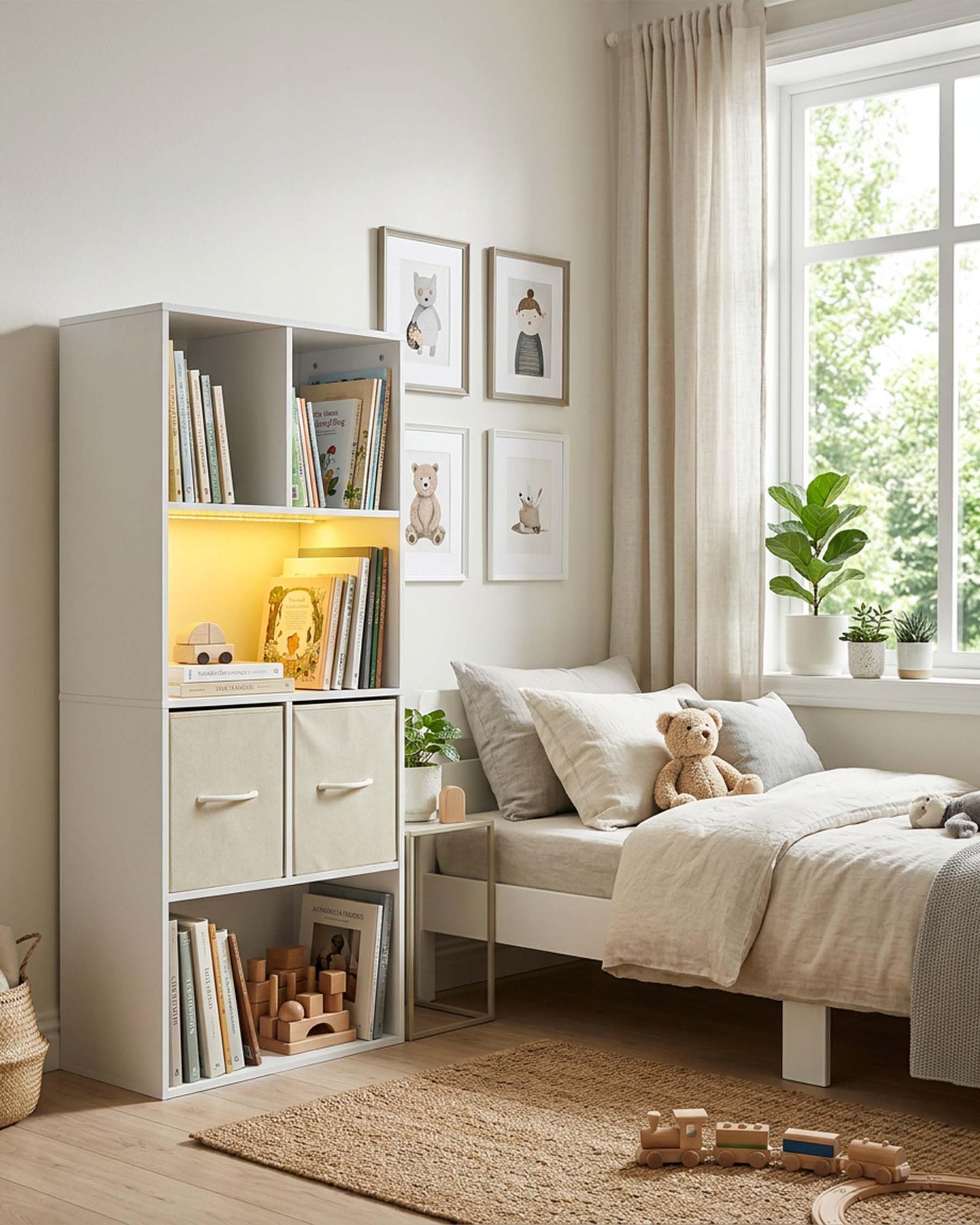 Libreria per Bambini e Ragazzi Scaffale porta Giocattoli con 2 Cassetti in Tessuto Mobile porta Libri Multiuso per Cameretta e Soggiorno Struttura Stabile 50 x 29 x 121 cm Bianco