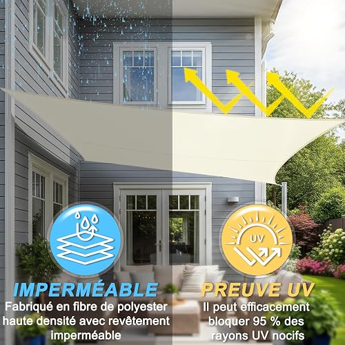 Sunnylaxx 3x5m Sun Shade Sail,420D Oxford Waterproof Shade Sails Outdoor Canopy UV Block Water Resistant Sunshade for Patio, Garden, Backyard Cream - 3