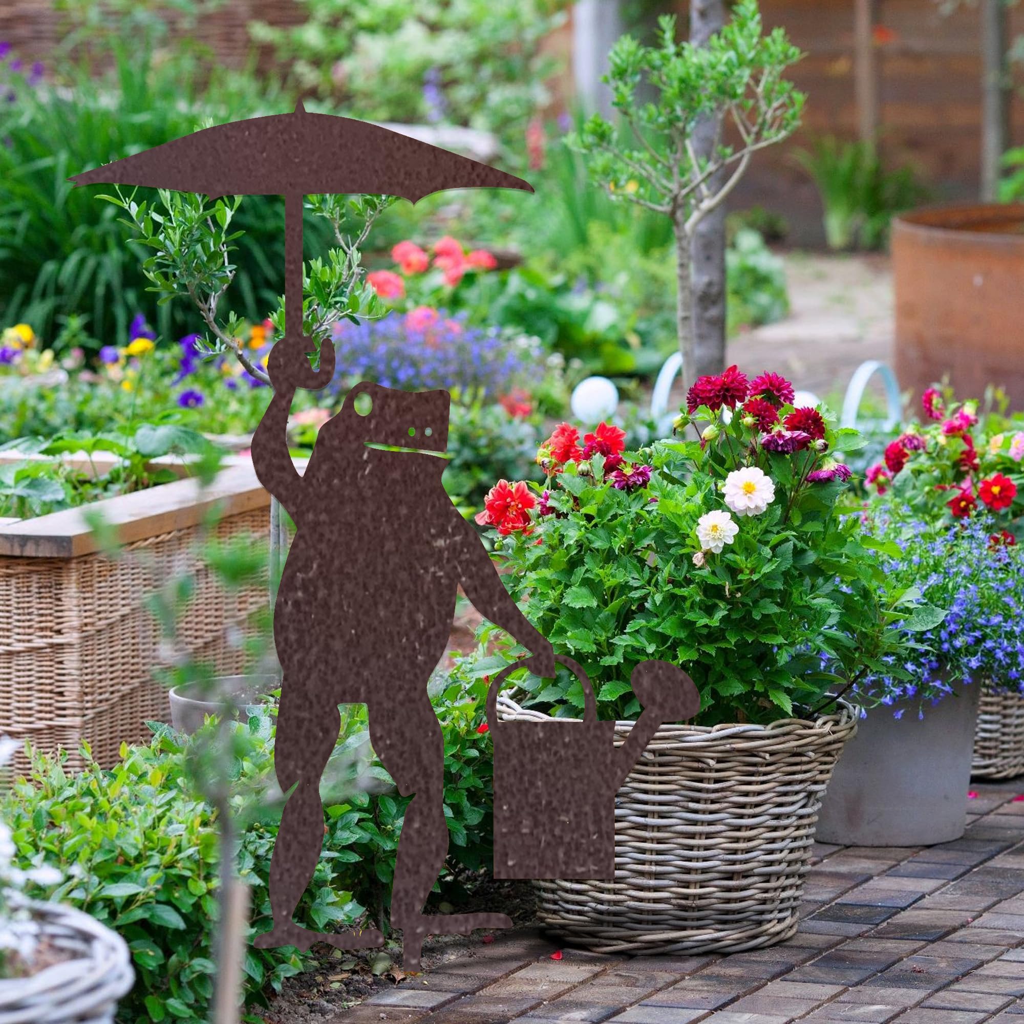 Rusty Metal Frog Garden Stake Funny Frog With Umbrella Rustic Nature Animal Country Weathered Iron Lawn Ornament Farm Yard Outdoor Decor, Rusty