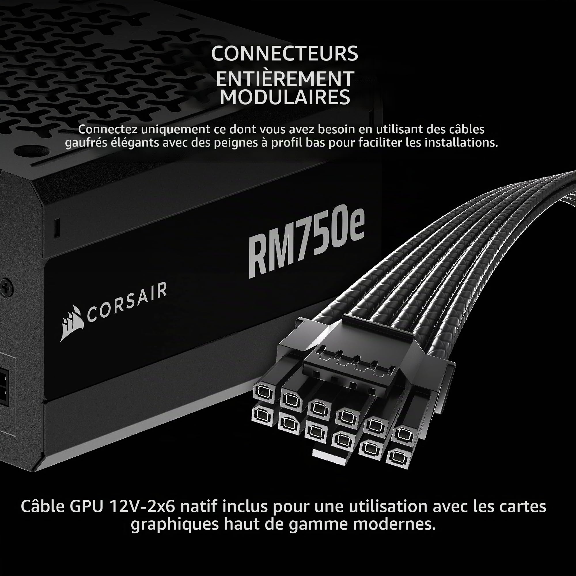 Corsair RM750e (2025) Bloc d'alimentation ATX entièrement modulaire avec câble 12 V-2 x 6, compatible ATX 3.1 et PCIe 5.1, Cybenetics Gold, condensateurs @ 105 °C, noir