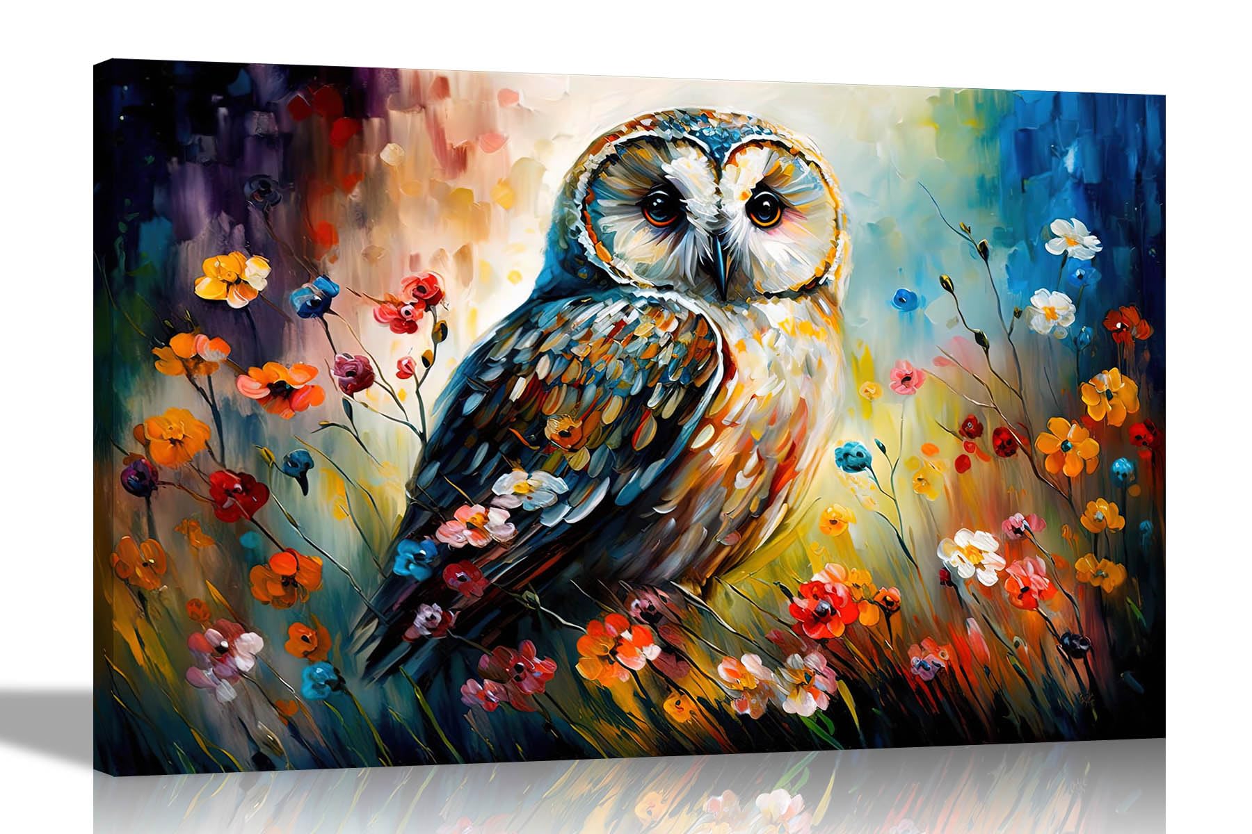 Artley Prints - Owl in Flower Garden Abstract Canvas Wall Art for Living Room, Bedroom - Ready to Hang Prints - Wildlife Pictures Large 86 x 61cm (34 x 24 inches) A1