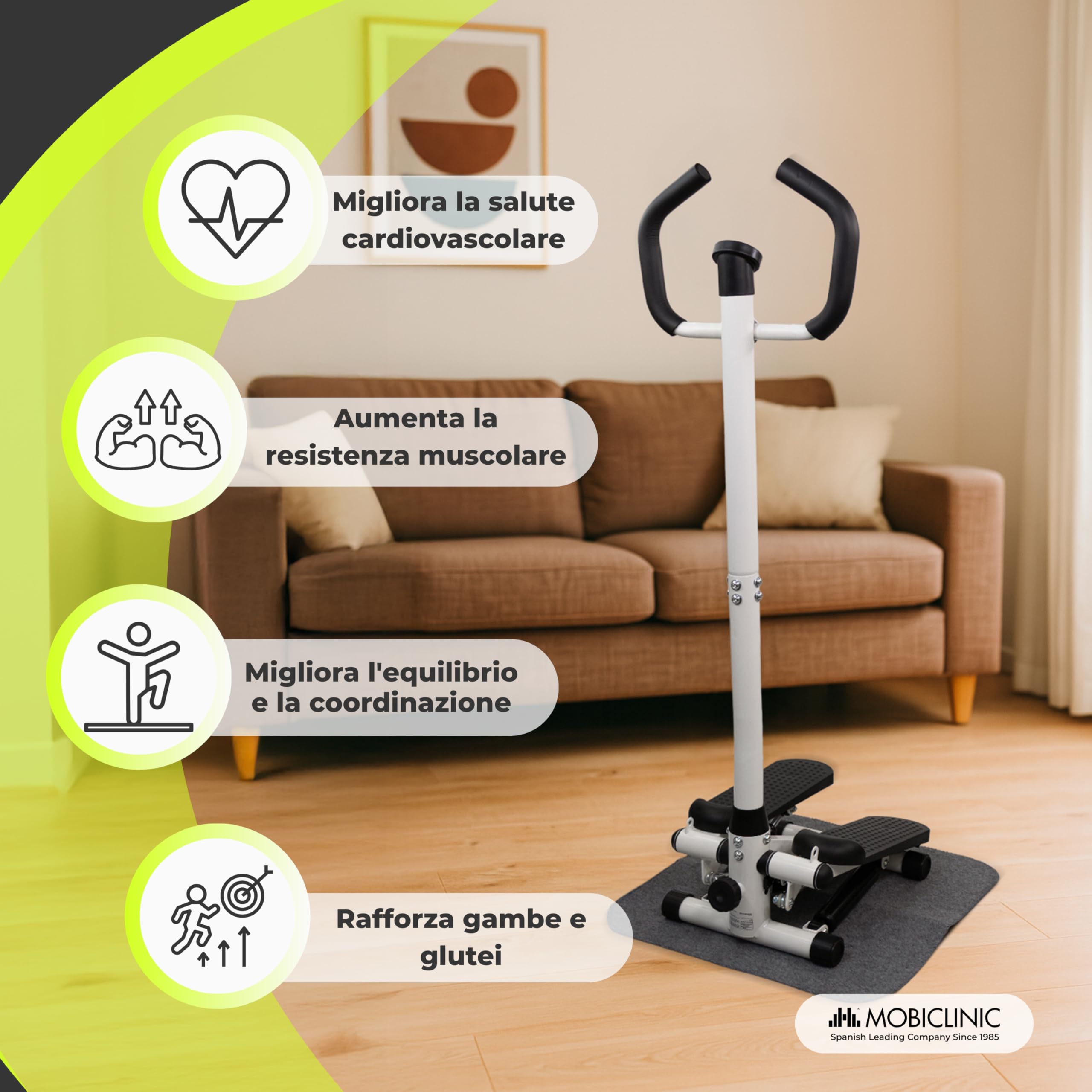 Mobiclinic®, Stepper con Manubrio, Altezza Regolabile, Monitor LCD, Intensità Regolabile, Pedali Antiscivolo, Macchina Step-by-Step, Compatta, Esercizi a Casa, Step-Pro