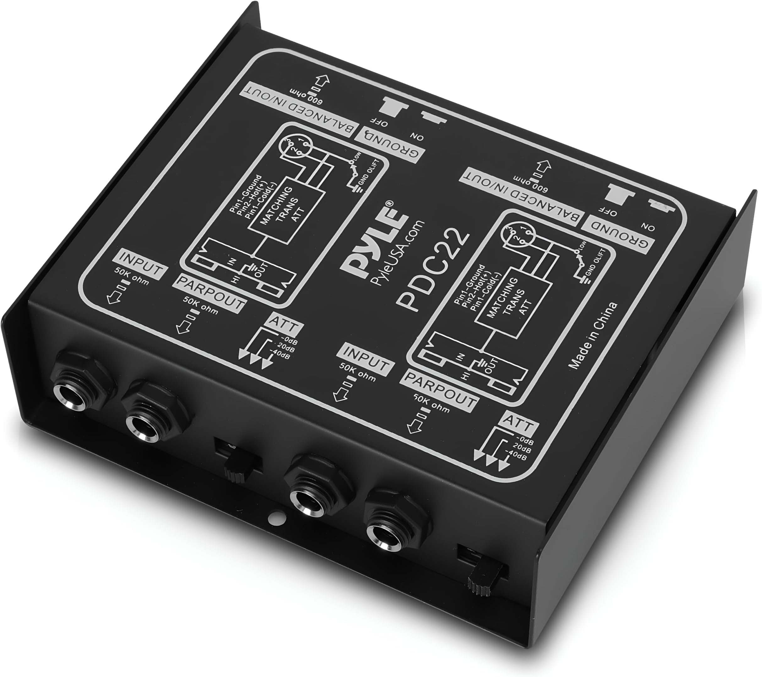 PRO Premium Direct Injection Audio Box - Passive DI Unit Hum Eliminator w/ Input Attenuator to Connect Guitar & Bass - 1/4 Inch Impedance Transformer Connector to Balanced & Unbalanced XLR-PDC22 , Black