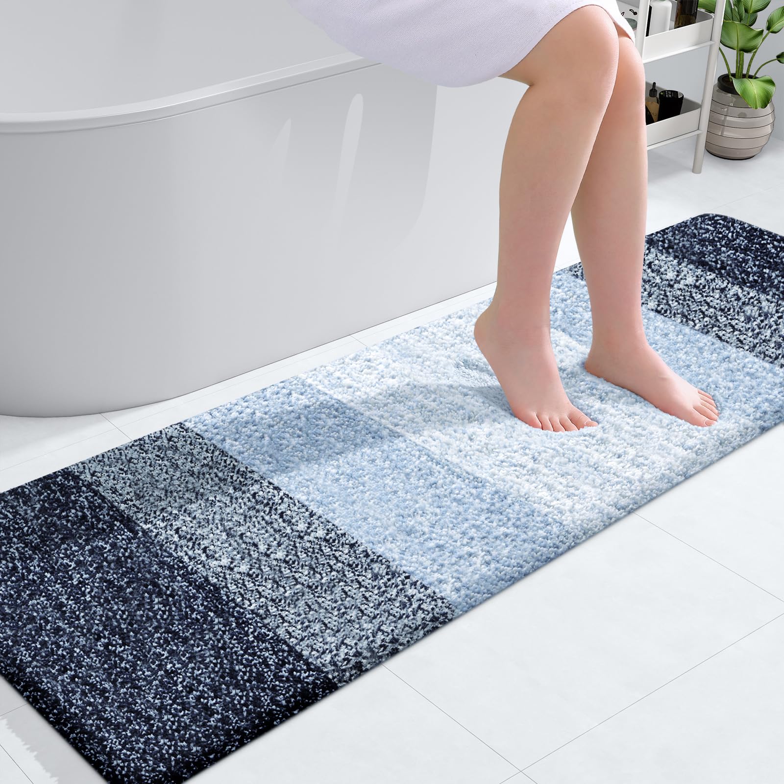 OLANLY Bathroom Runner Rug 59x17, Extra Soft Absorbent Microfiber Bath Rugs | Navy Blue, Non-Slip Quick-Drying Rubber Backing, Washable Long Bath Mat for Floor, Tub and Shower, Home Decor