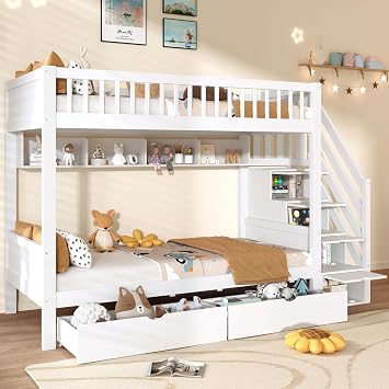 3ft Single Loft Bed Frame with Storage Drawers, Solid Wood High Sleeper Bed with Staircase Storage, Shelves & Hidden Cupboards, Children’s Bunk Bed with Safety Guard Rails (No Mattress)