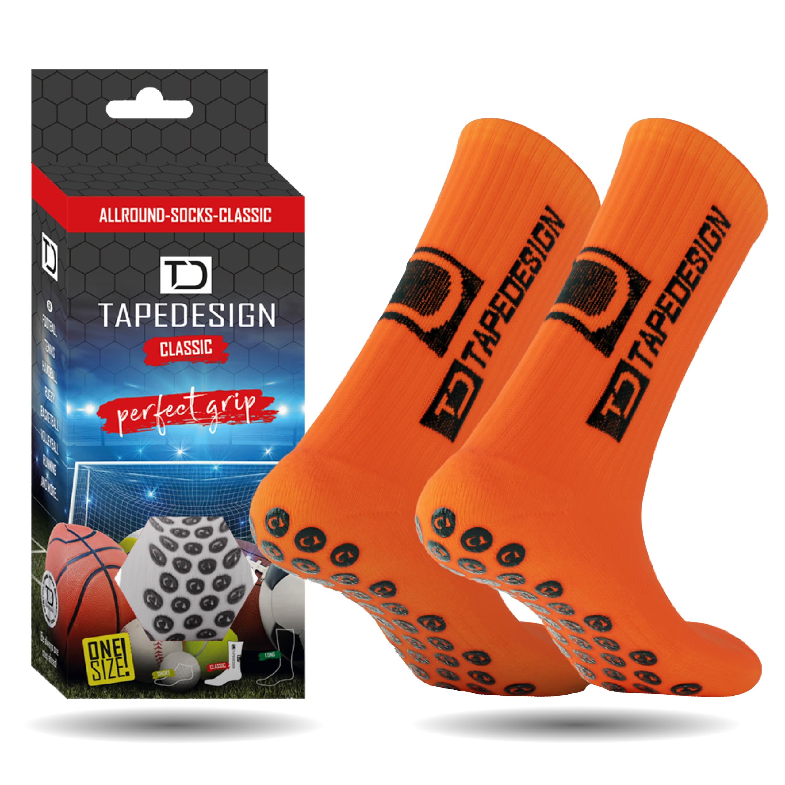 Tapedesign - "Classic 1 Pair Non-Slip Football Grip Socks Orange (Size 5-14) for Men, Women & Kids - Soccer Socks Adults & Youth (Unisex) - Anti-Slip Sport Socks for Basketball, Tennis & Running