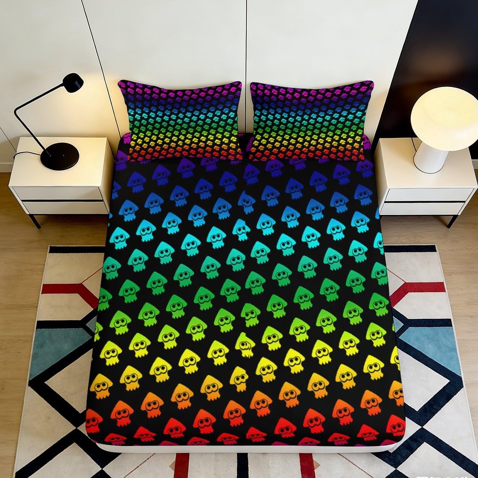 3D Printed Rainbow Squid Fitted Sheet Microfiber Colorful Gradient Bed Cover for Bedroom Guest Room Mattress Decor 180x200x25cm