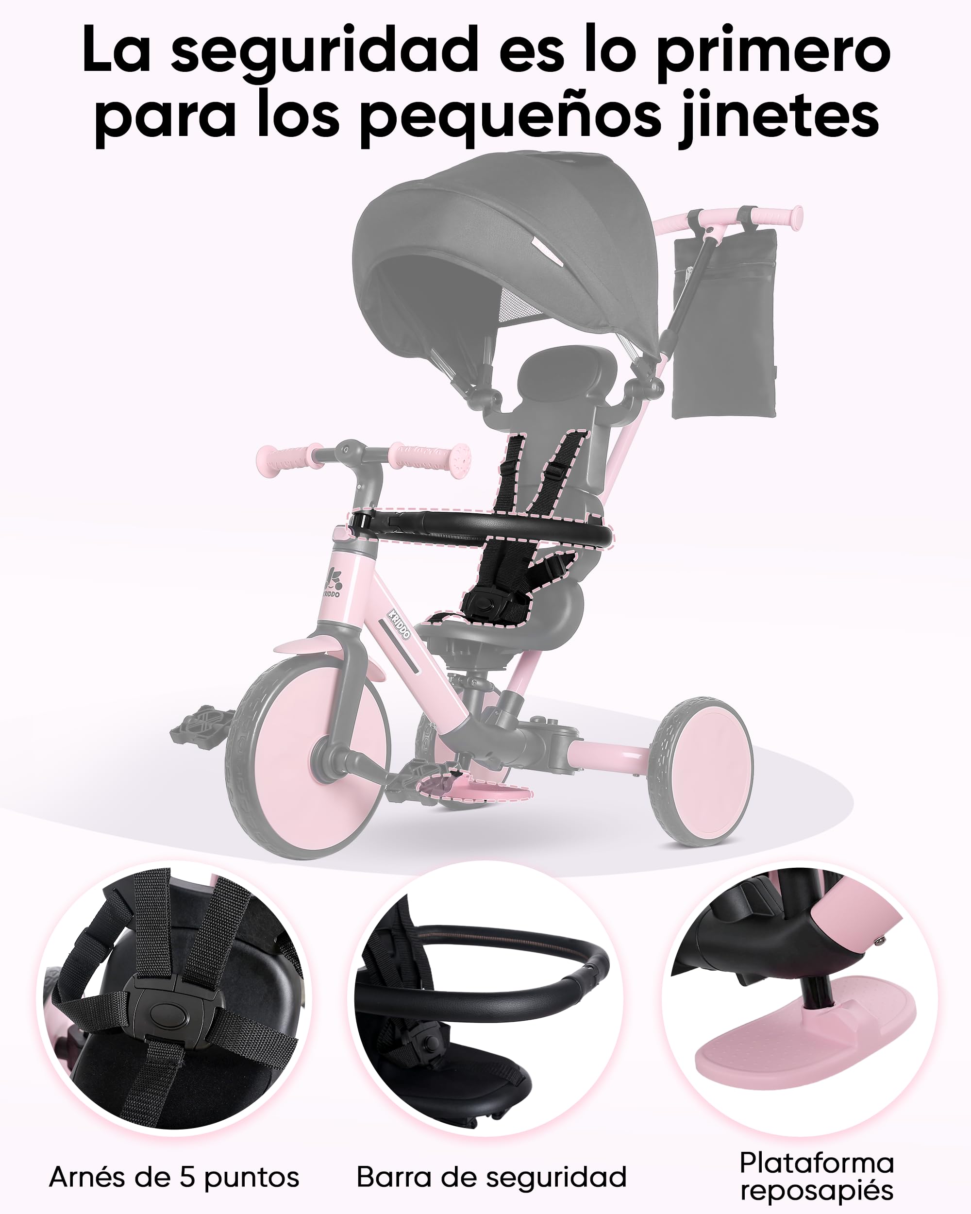 KRIDDO Triciclo Evolutivo 8 en 1 para Niños de 18 Meses a 5 Años, con Barra de Empuje, Triciclo y Bicicleta con o sin Pedales, Arnés de 5 Puntos Mejorado, Capota Plegable y Bolsa, Rosa