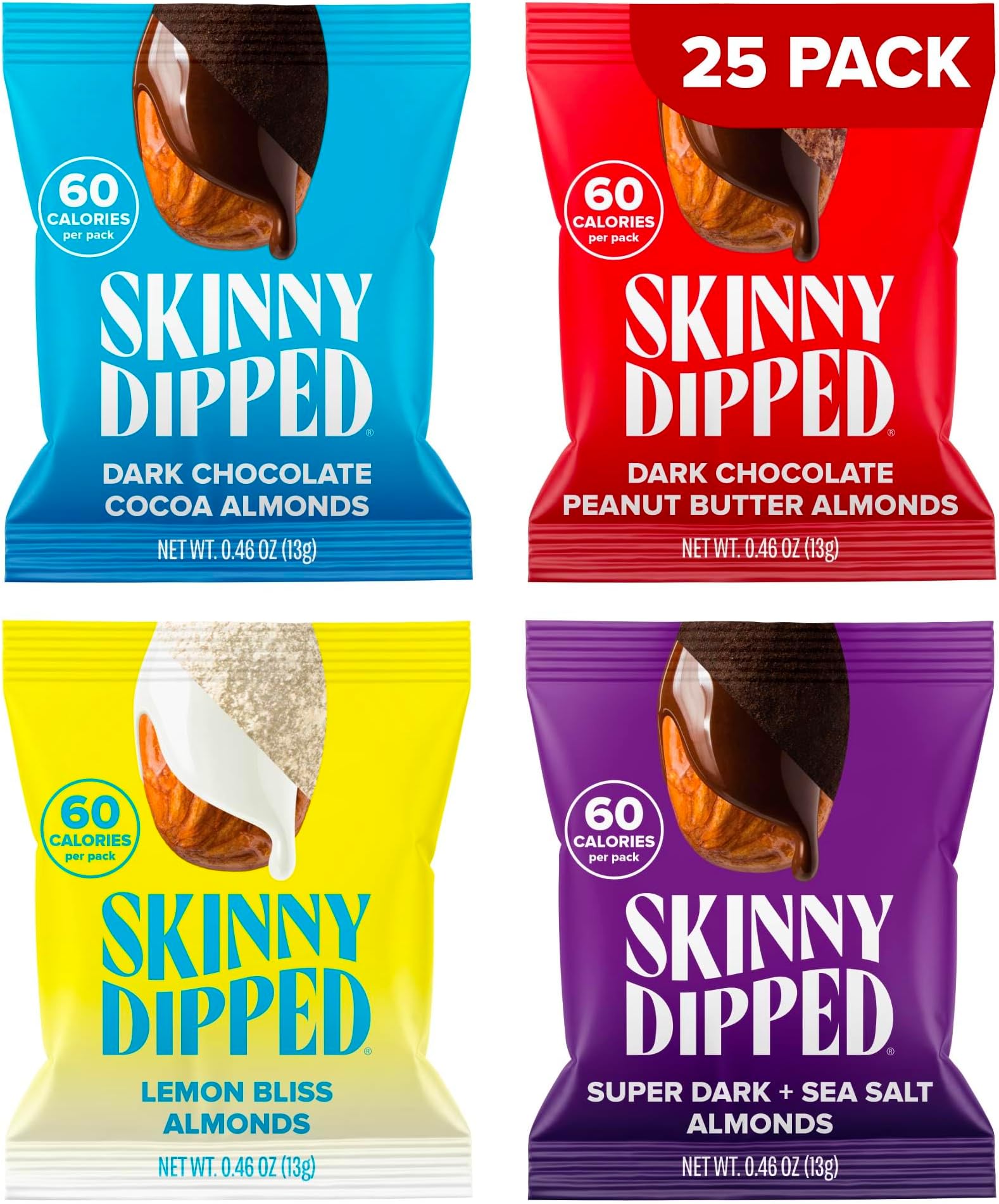 SkinnyDipped Snack Attack Minis Almond Variety Pack, Healthy Snack, Plant Protein, Gluten Free, 0.46 oz Mini Bags, Pack of 25