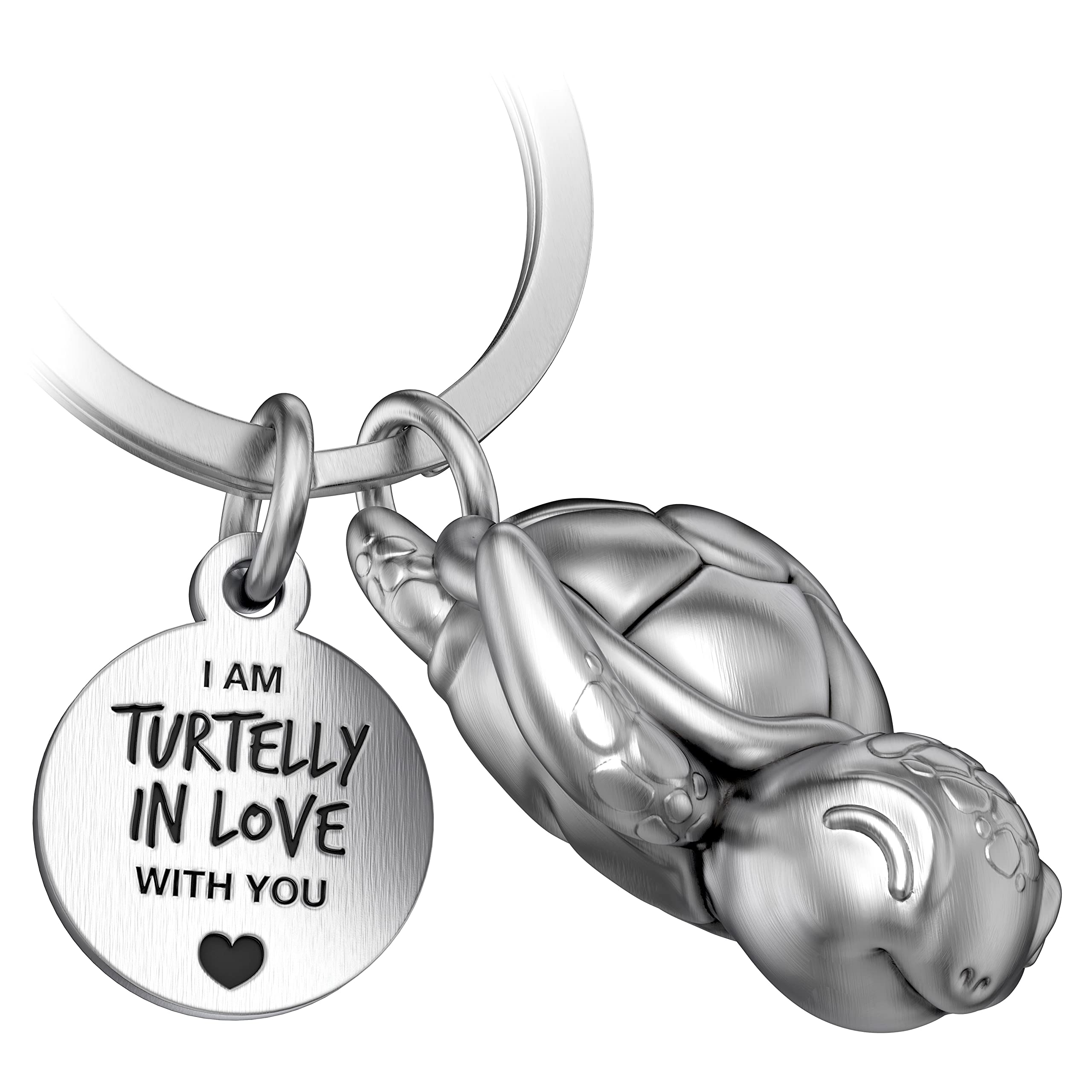 Fabach Silver Turtle Key Ring Snappy With Heart And Engraving – Cute Turtle Keyring – Love Lucky Charm Turtle As A Gift For Partner – Turtelly In Love, Antique Standard Size