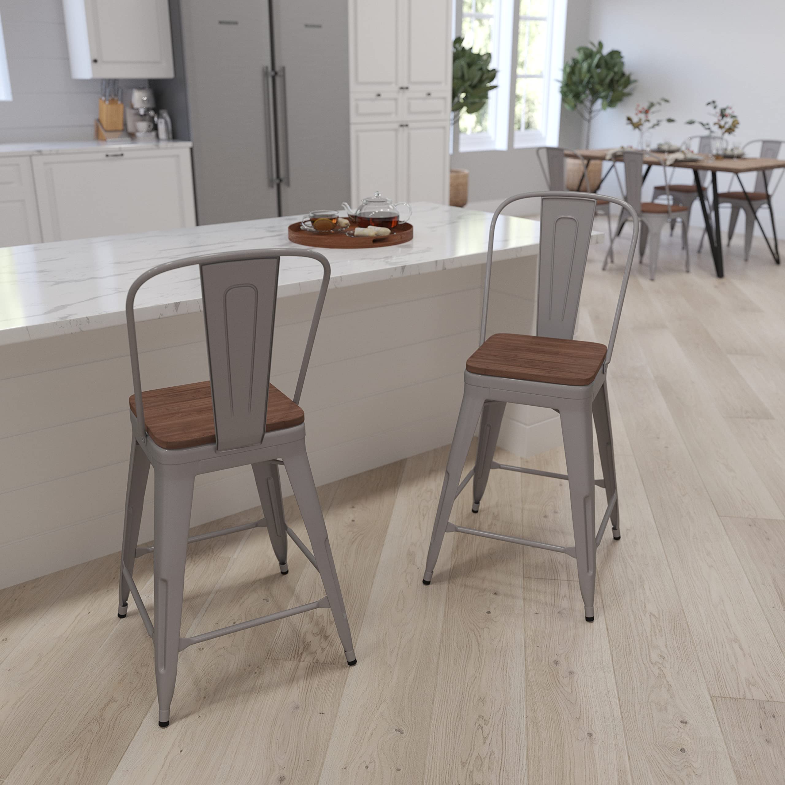Merrick Lane Amsterdam Counter Stool - Silver Metal Bar Chair with Wood Seat - Slatted Curved Back Kitchen Stool