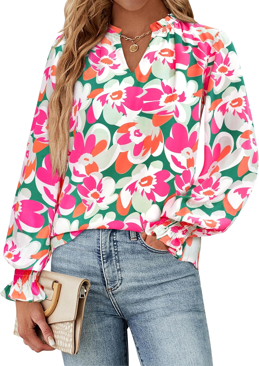 MASCOMODA Womens V Neck Floral Long Sleeve Tops 2026 Summer Casual Loose Puff Sleeve Chiffon Boho Work Blouse Dressy T Shirts - Image 2