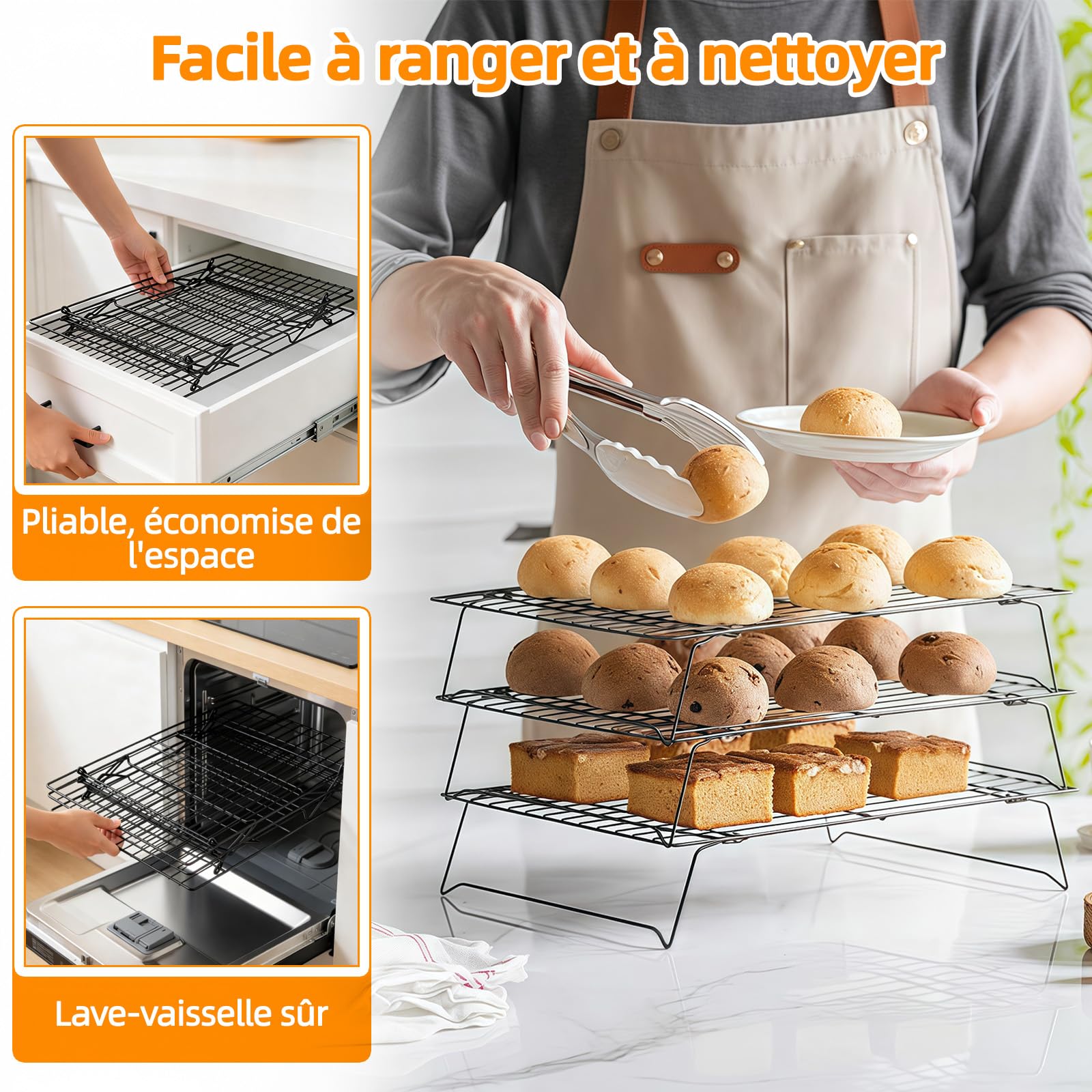 Grille de Refroidissement Pâtisserie Acier Carbone Antiadhésive 40x25 cm Pliable Empilable 3 Niveaux