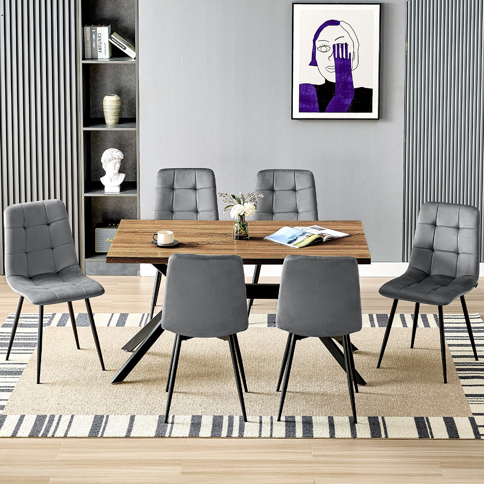 LEWE Set tavolo e sedie da pranzo,Tavolo da Cucina rettangolare in legno 140 x 80 x 76 cm，con 6 Sedie imbottite in Velluto per Cucine per Cucina, Soggiorno, Sala da Pranzo(Legno Scuro+Grigio scuro)