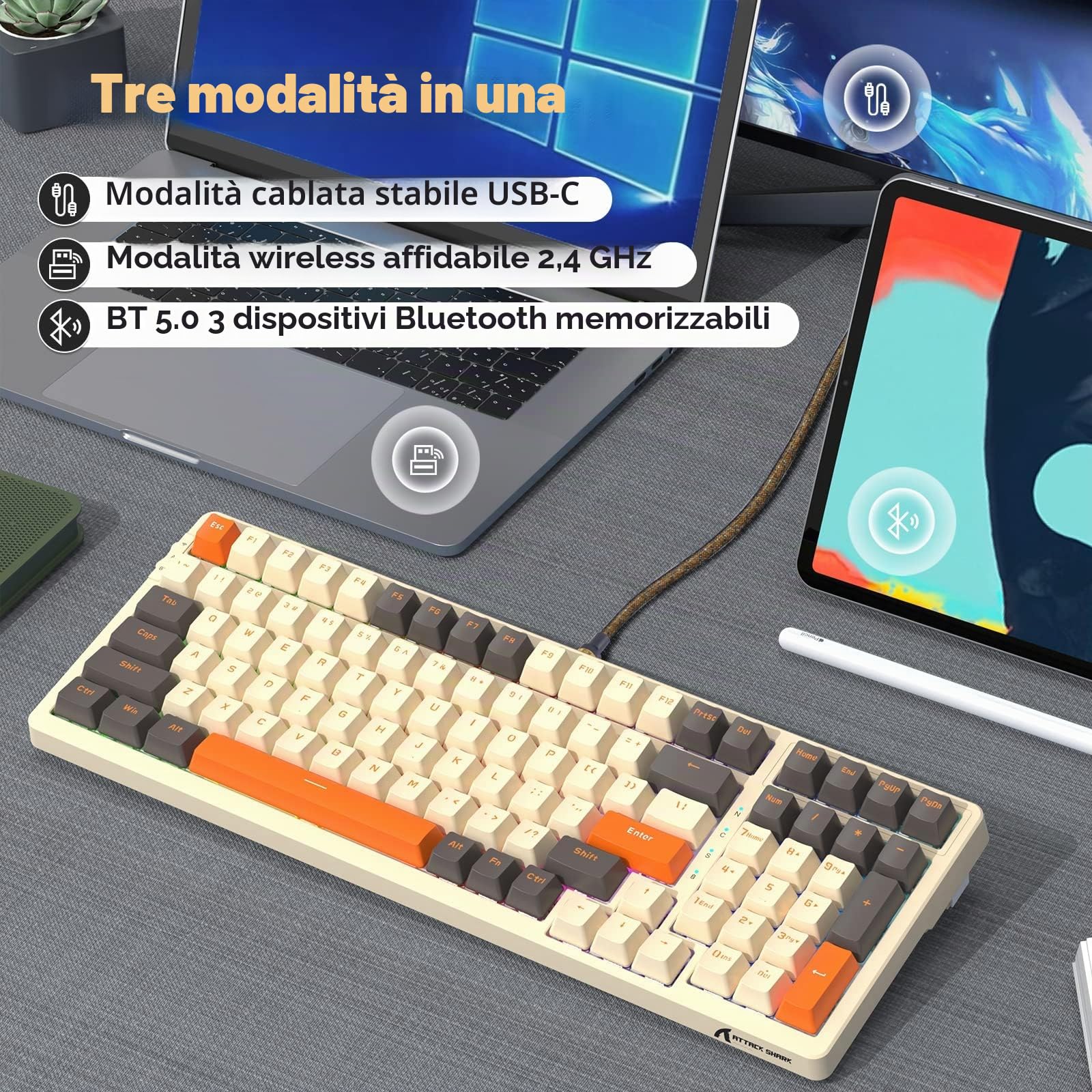 ATTACK SHARK K98 Tastiera da Gioco Meccanica Sostituibile a Caldo con 100 Tasti, BT5.0/2.4G/USB C a Spirale, 3000 mAh,Illuminazione RGB Programmabile,Interruttore a Banana, Poggiapolsi White Cloud