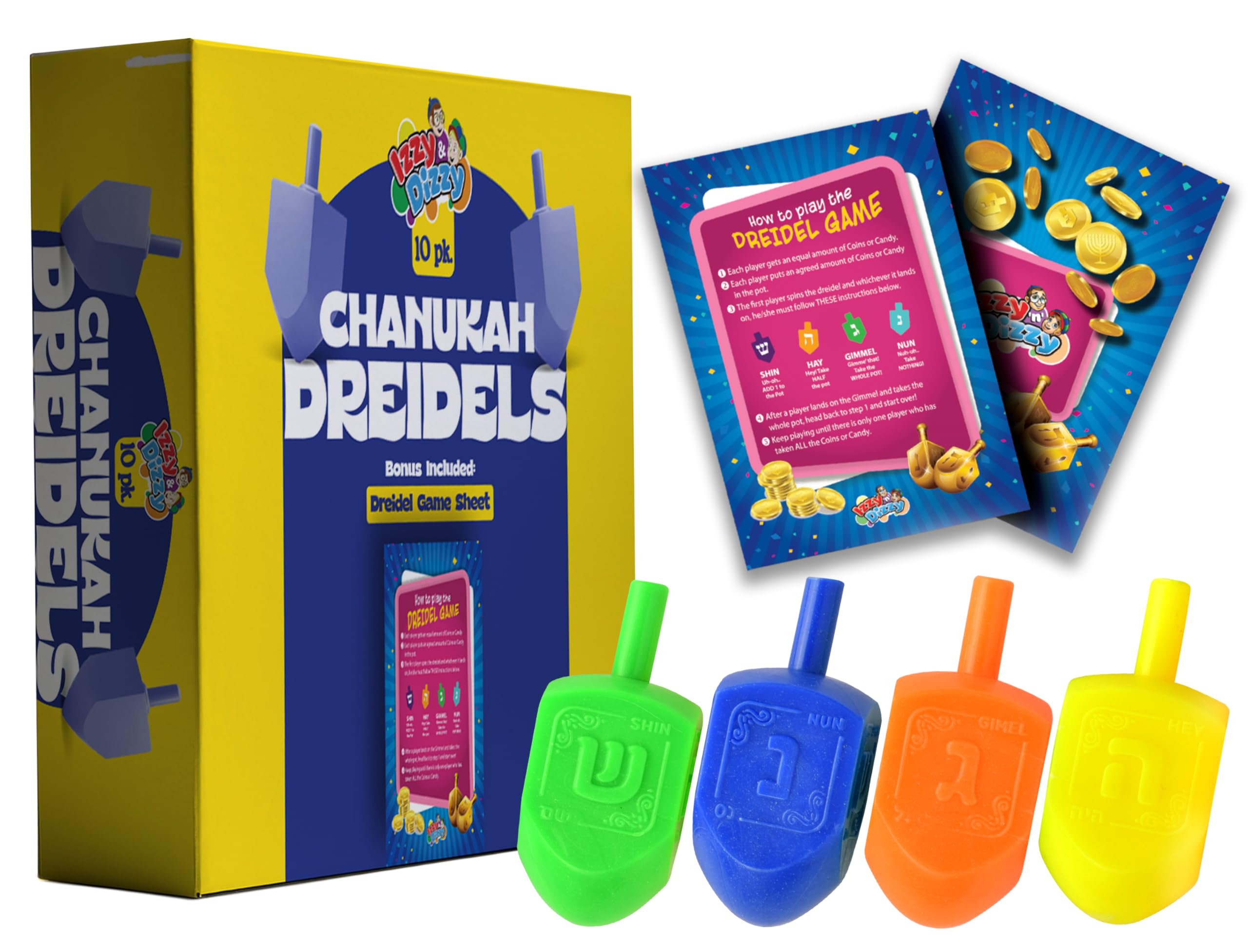 Hanukkah Dreidels - Multi Color Plastic Dreidel - 10 Pack Medium