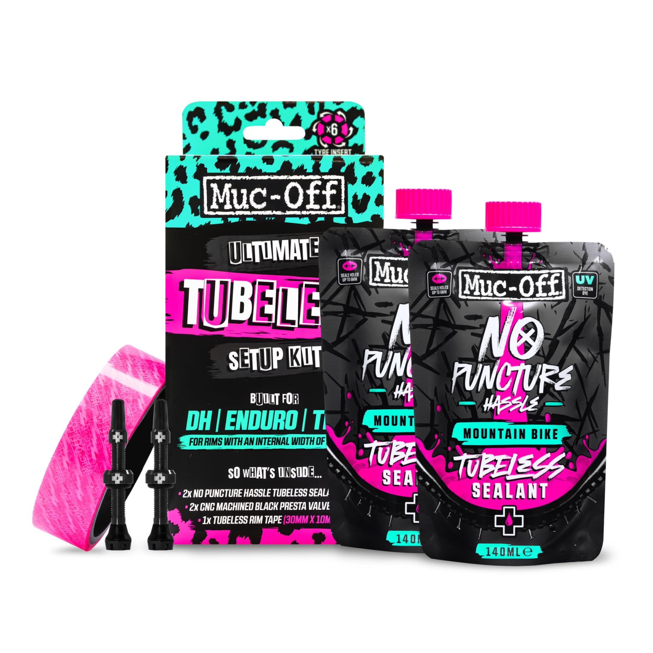 Muc Off Ultimate Tubeless Setup Kit - Complete Tubeless Conversion Kit with Sealant, Rim Tape, Valves, and Patches - Fits MTB, Road, Gravel & CX Wheels - DH/Trail/Enduro (30mm Tape / 44mm Valves)