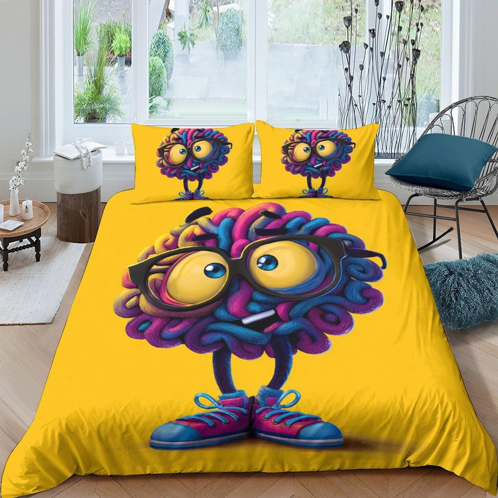 Ctjqhvkz Style-1 3D Printed Cartoon Brain Fitted Sheet Microfiber Vibrant Yellow Bed Cover For Bedroom Guest Room Youth Decor Single（135X200cm）